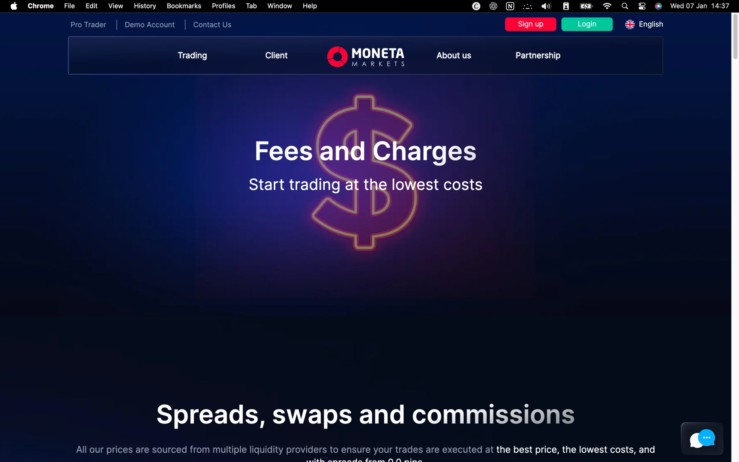 Moneta Markets review image showing the broker’s trading fees, including live spreads, commissions, and swap rates across Forex, commodities, indices, and share CFDs.