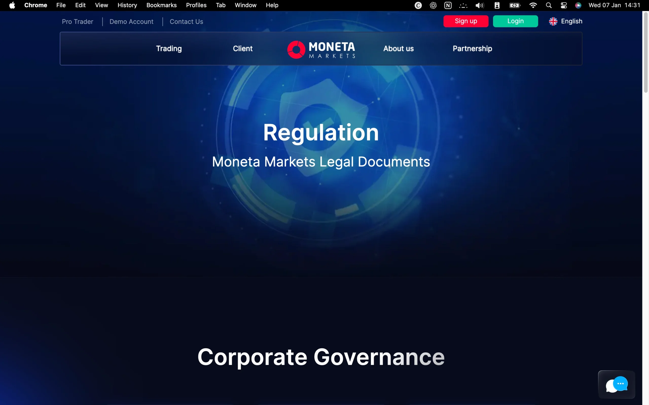 Moneta Markets regulation page showing office addresses, regulators, license numbers, and client money protection details for jurisdictions including FCA, FSA, FSCA and SCA.