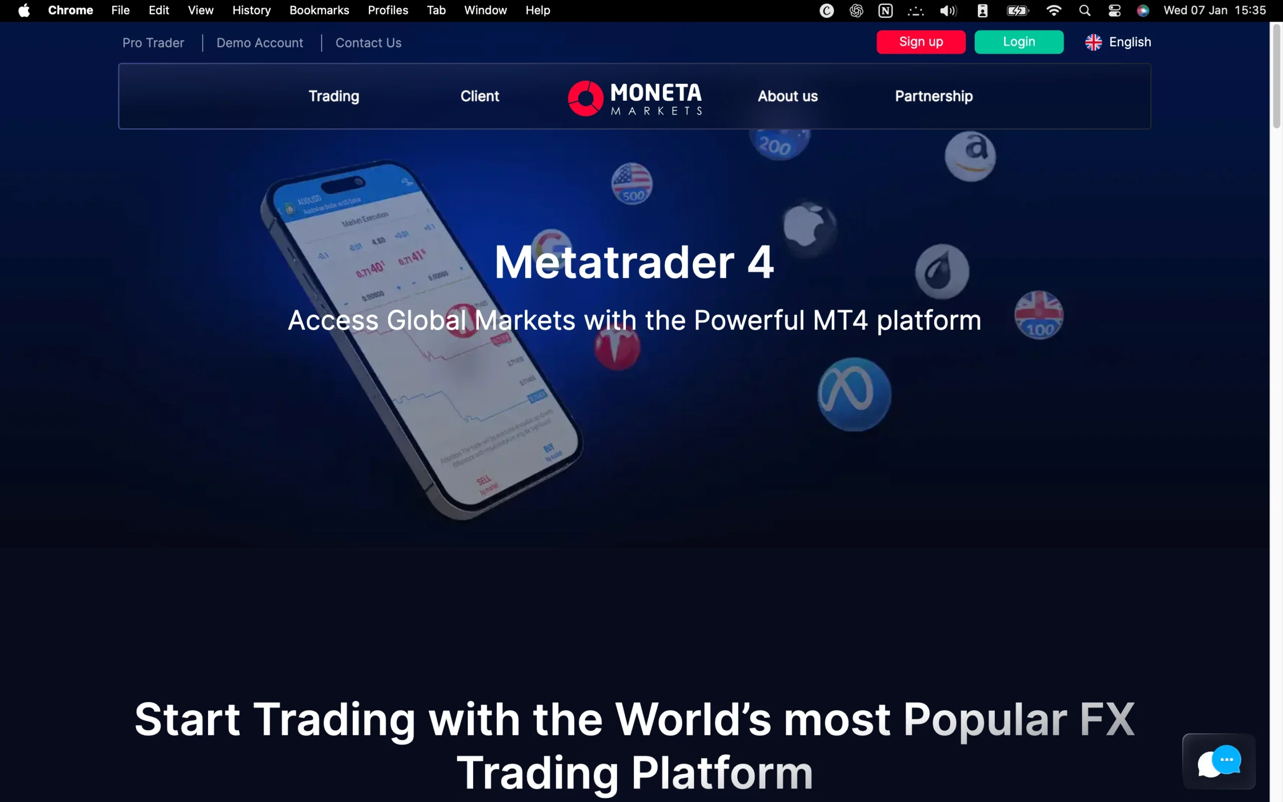 Moneta Markets review image showing the trading platforms available to clients, including MetaTrader 4 and PRO TRADER.