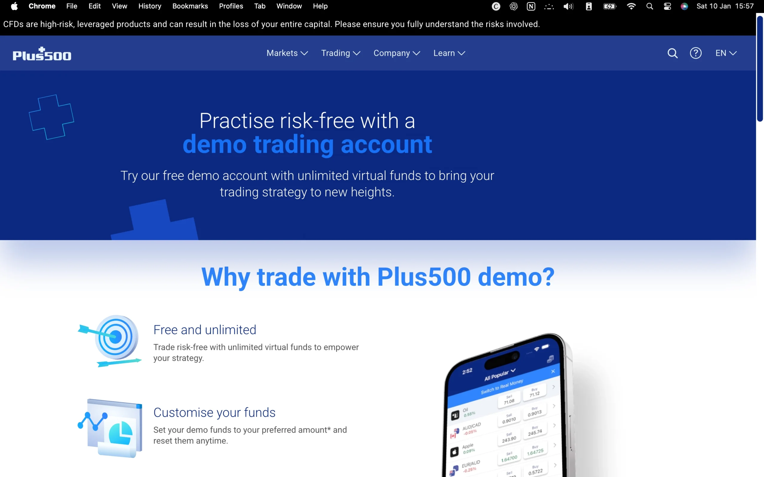 Plus500 review image showing available account types including Standard and Demo Accounts.