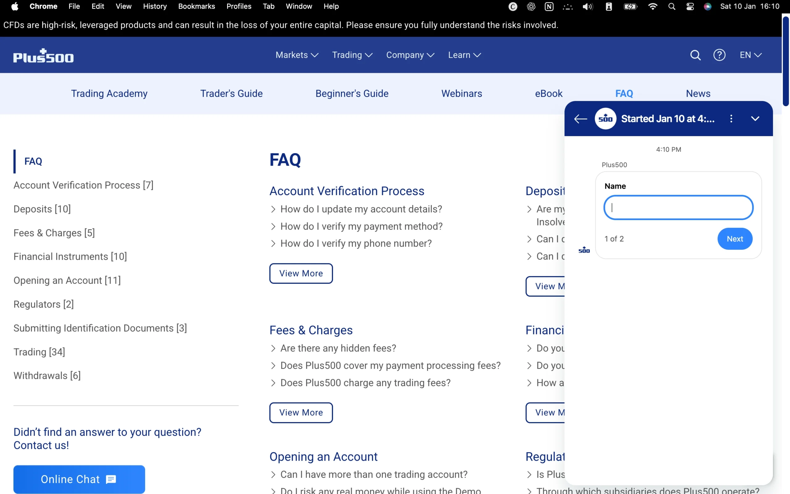 Plus500 review image showing customer support options including a contact form, live chat, phone number and help center.