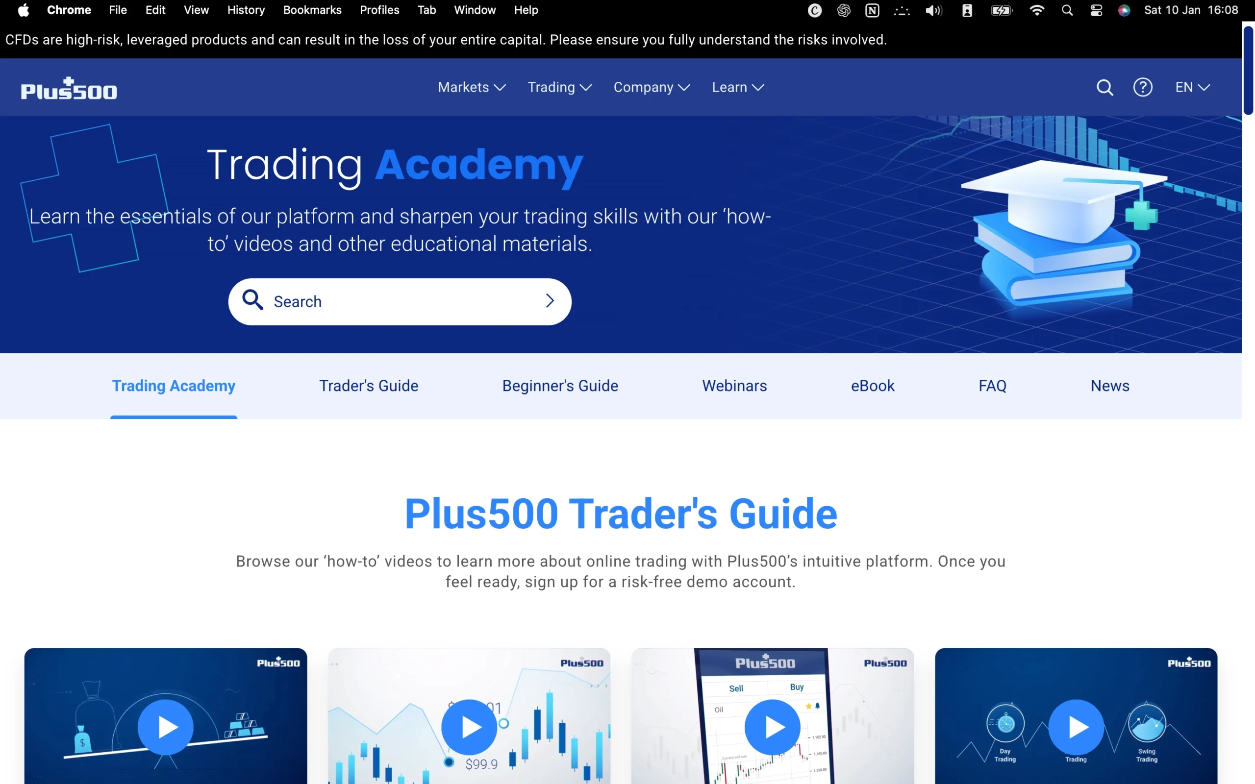 Plus500 review image showing the education page with trading guides and educational material for clients.