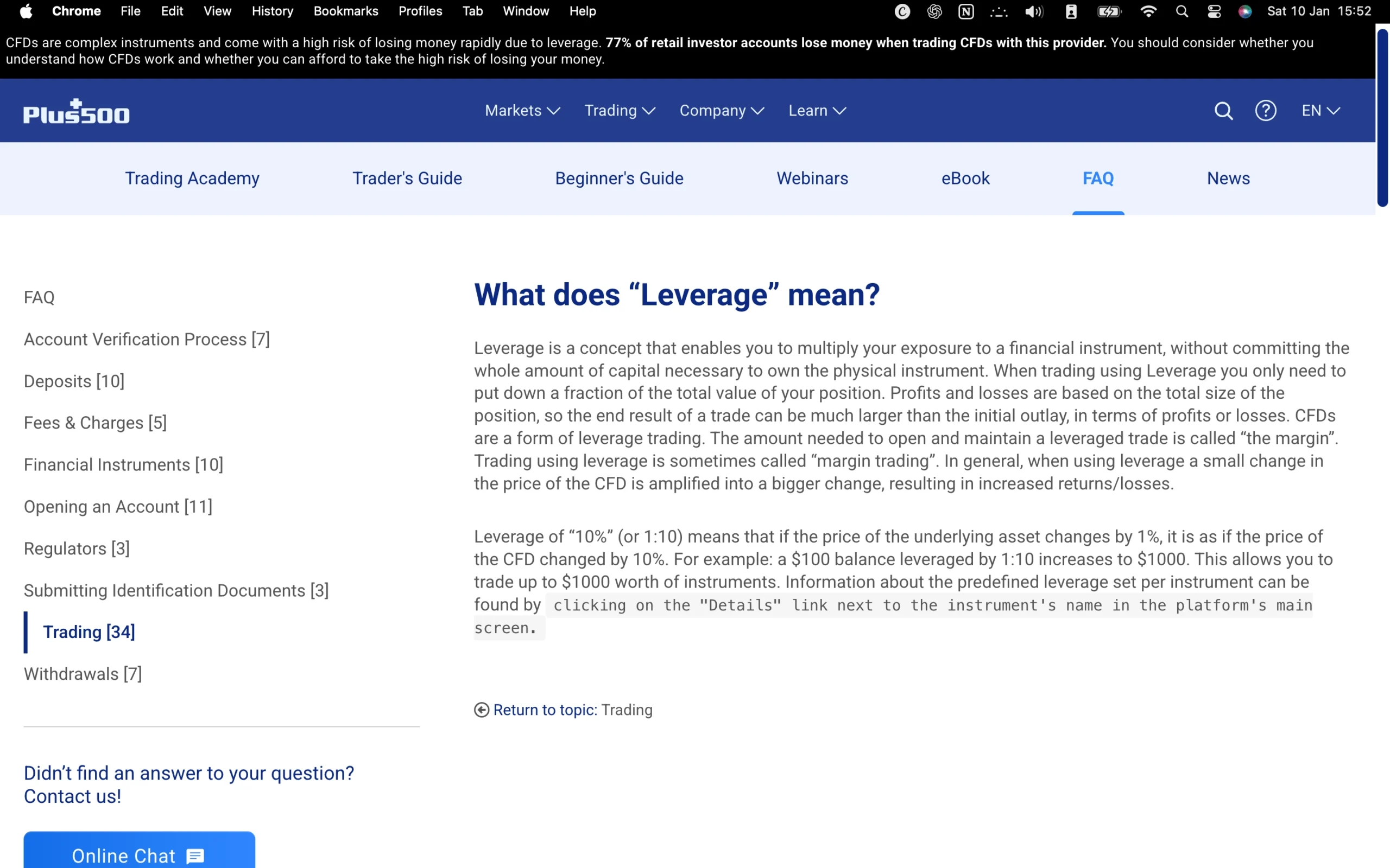 Plus500 review image showing maximum leverage for each tradable instrument, including FX majors, FX minors, Indices, Metals, Energies, Commodities, Bonds and Shares and ETF's