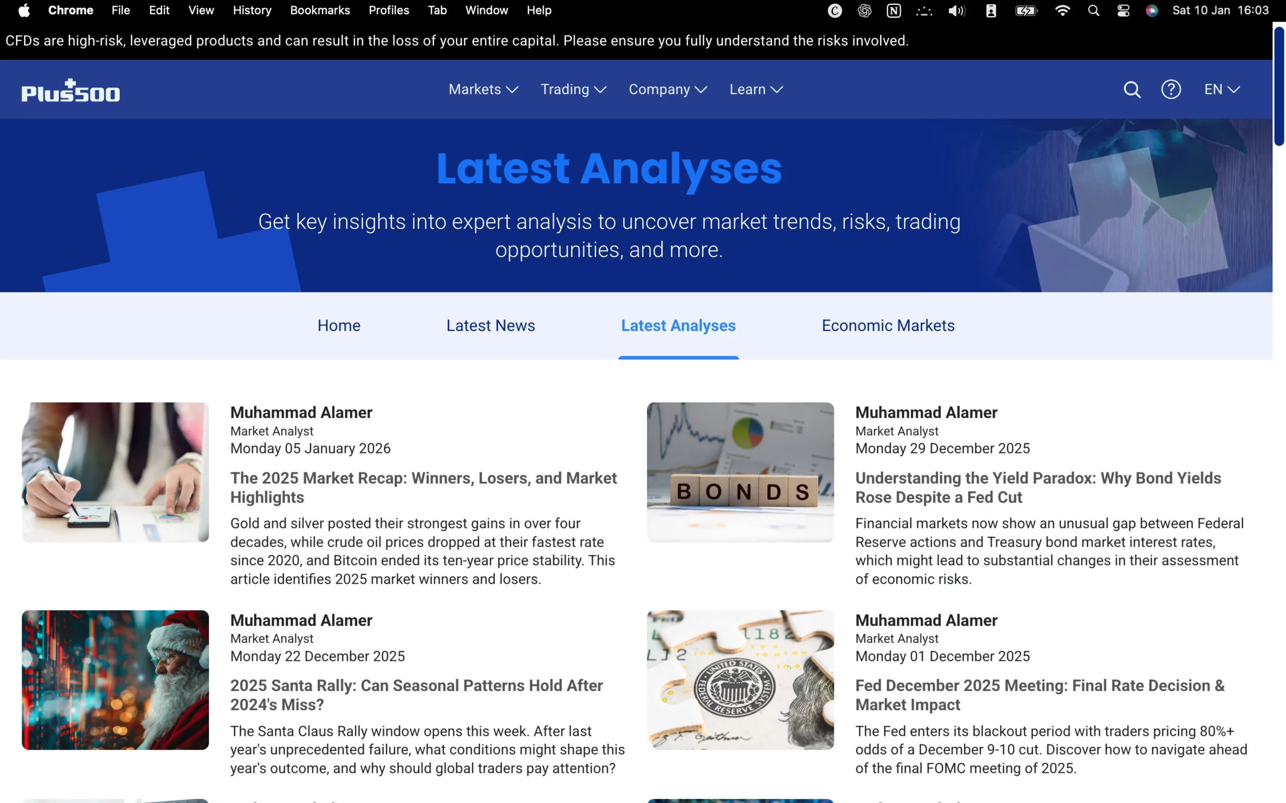 Plus500 review image showing the market analysis page with news and forecasts from trading professionals.