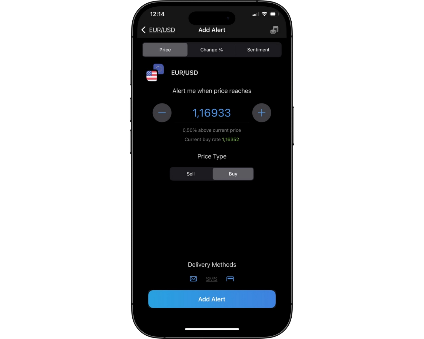 Plus500 Review image showing the Plus500 mobile app settings page, including account, chart, and notification settings.