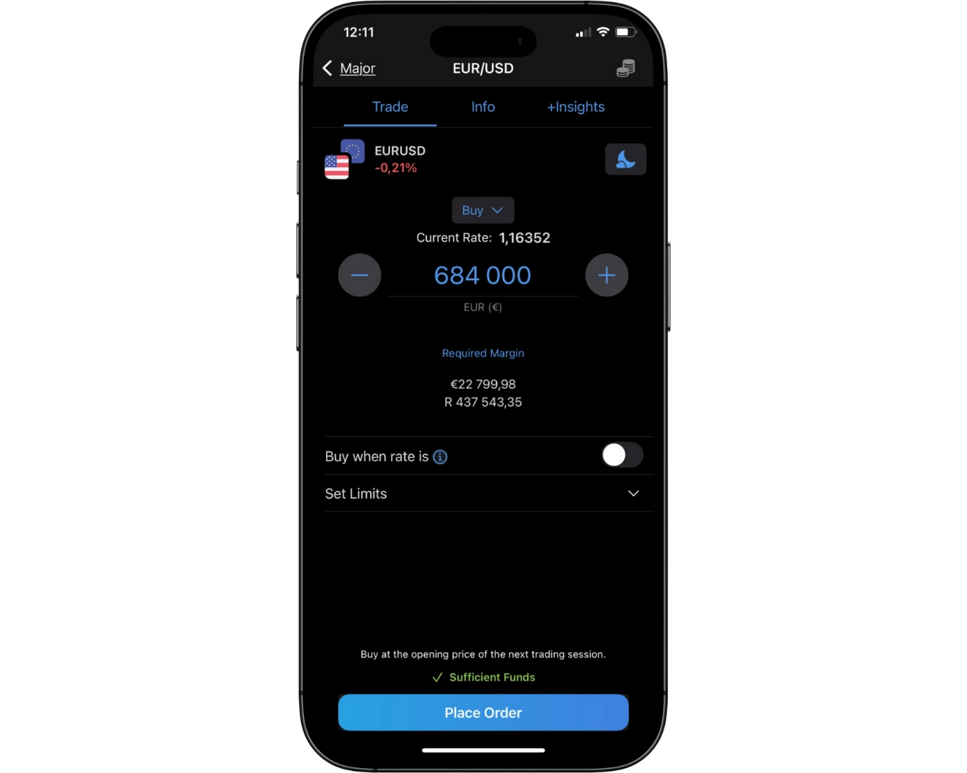 Plus500 Review image showing the Plus500 mobile app orders page, including instrument selection, lot size, stop loss, take profit, and buy/sell options.