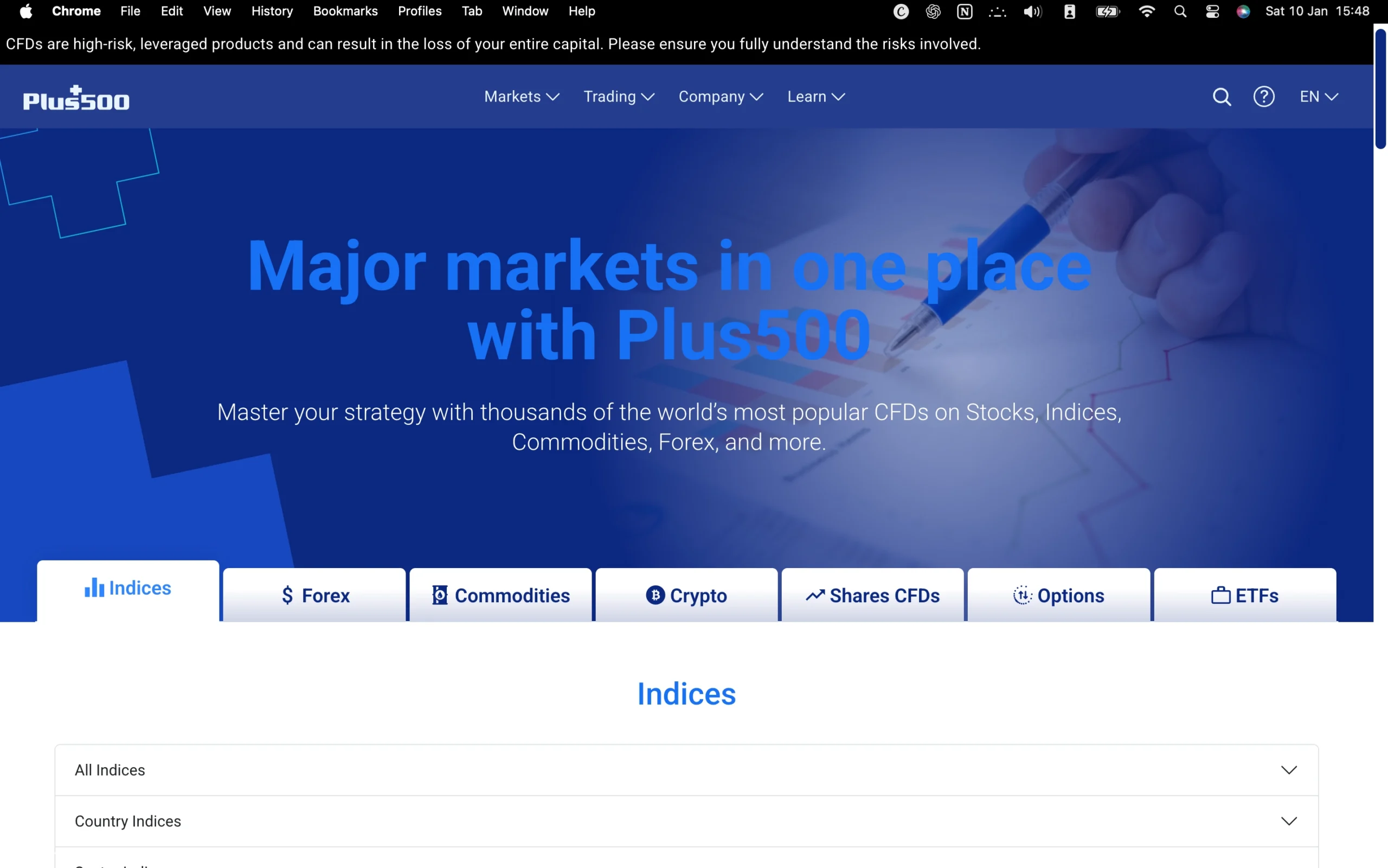 Plus500 review image showing all tradable instruments Plus500 offers, including Indices, Forex, Commodities, Crypto, Shares, Options and ETF's.