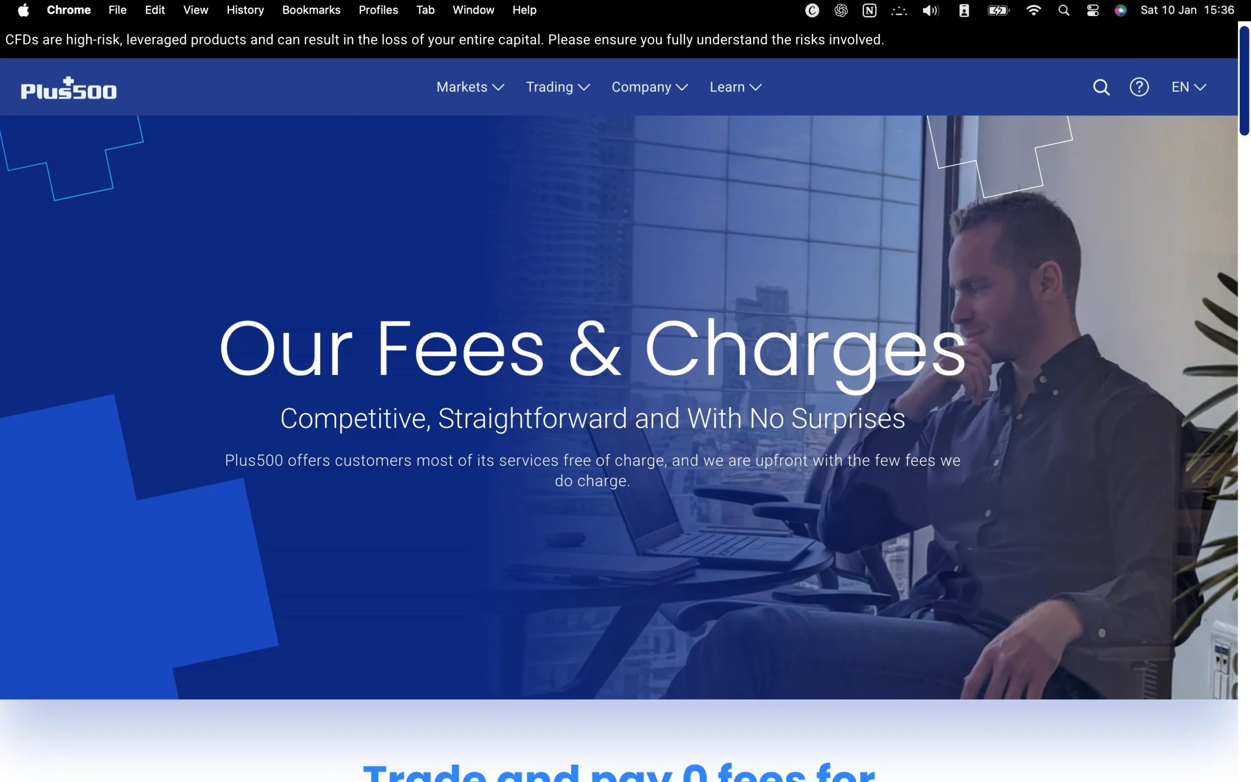 Plus500 review image showing the broker’s trading fees, including live spreads, commissions, and swap rates across Crypto, Indices, Forex, Commodities, Shares, Options and ETF's