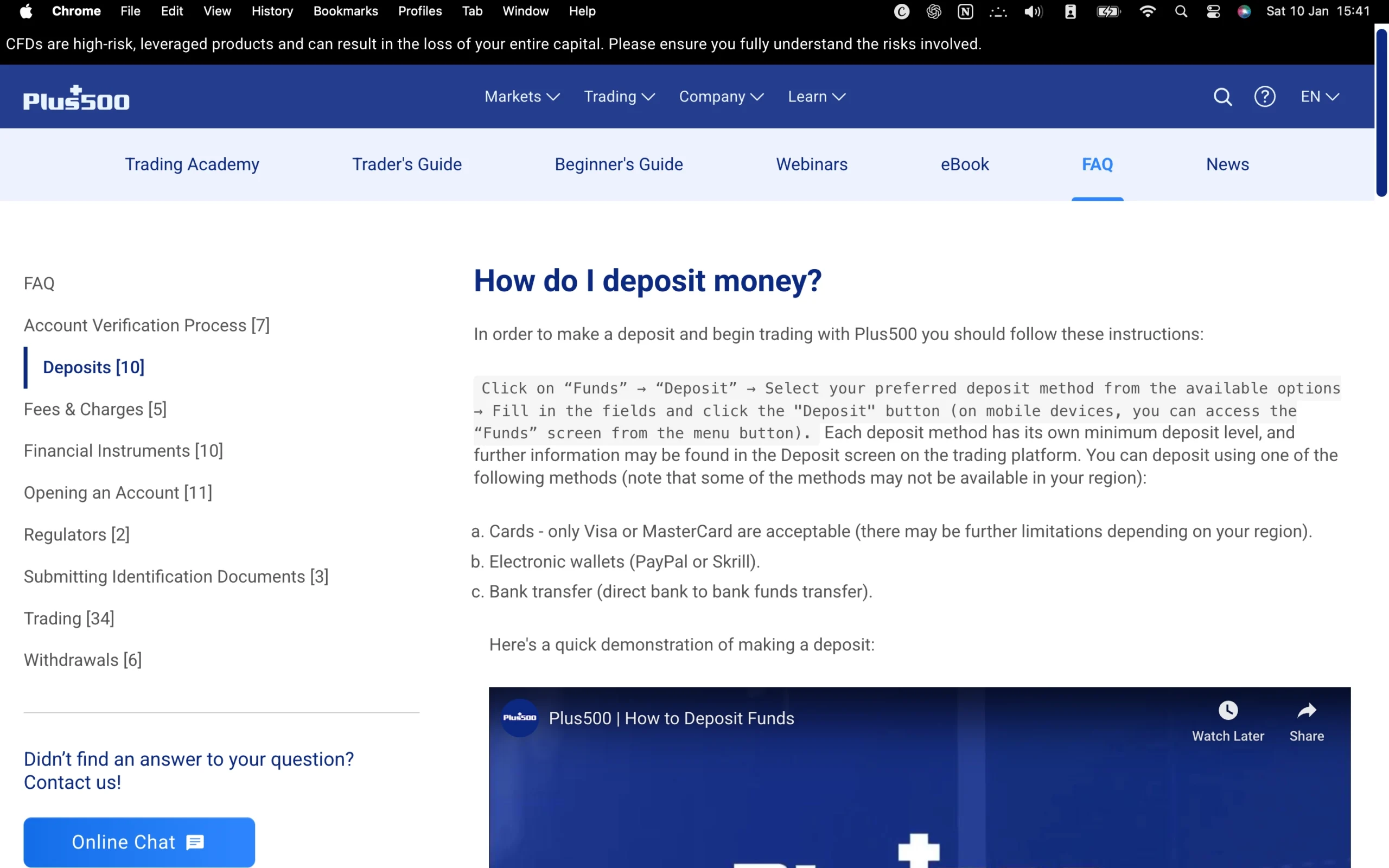 Plus500 review image showing all funding and withdrawal methods at Plus500.