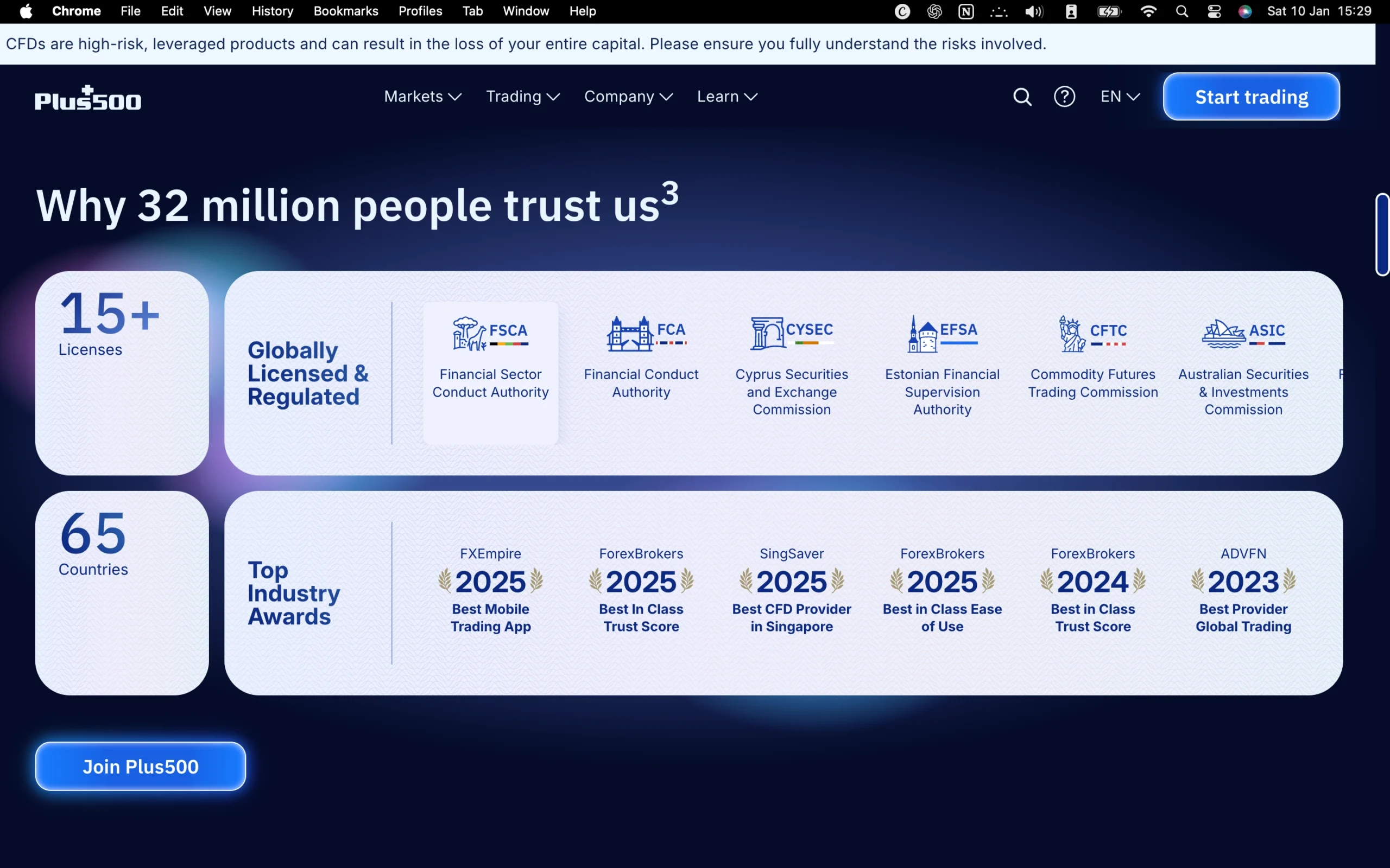 Plus500 regulation page showing office addresses, regulators, license numbers, and client money protection details for jurisdictions including FCA, CySEC, DFSA, FSA, MAS, ISA, ASIC, SCB and FSA.