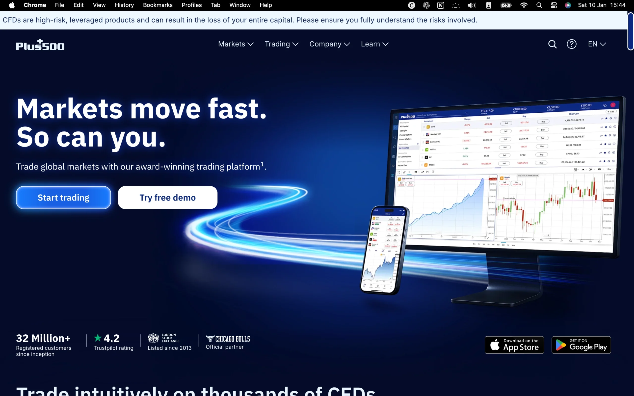 Plus500 review image showing the trading platforms available to clients, including the Plus500 WebTrader and Mobile App.