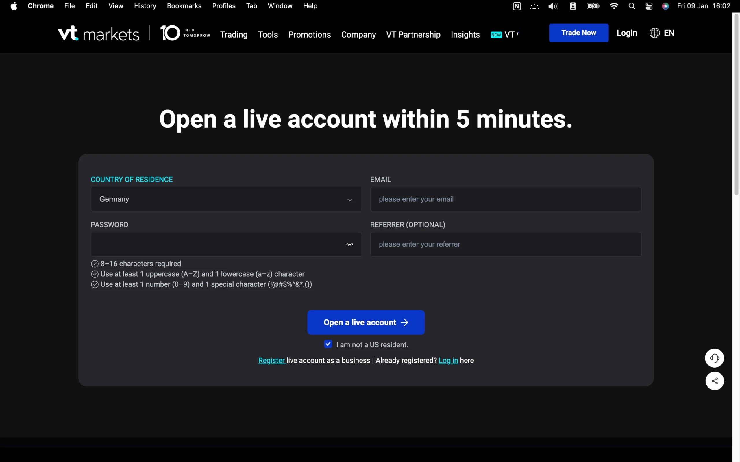 VT Markets review image showing the account opening page where clients enter personal information to open a trading account.
