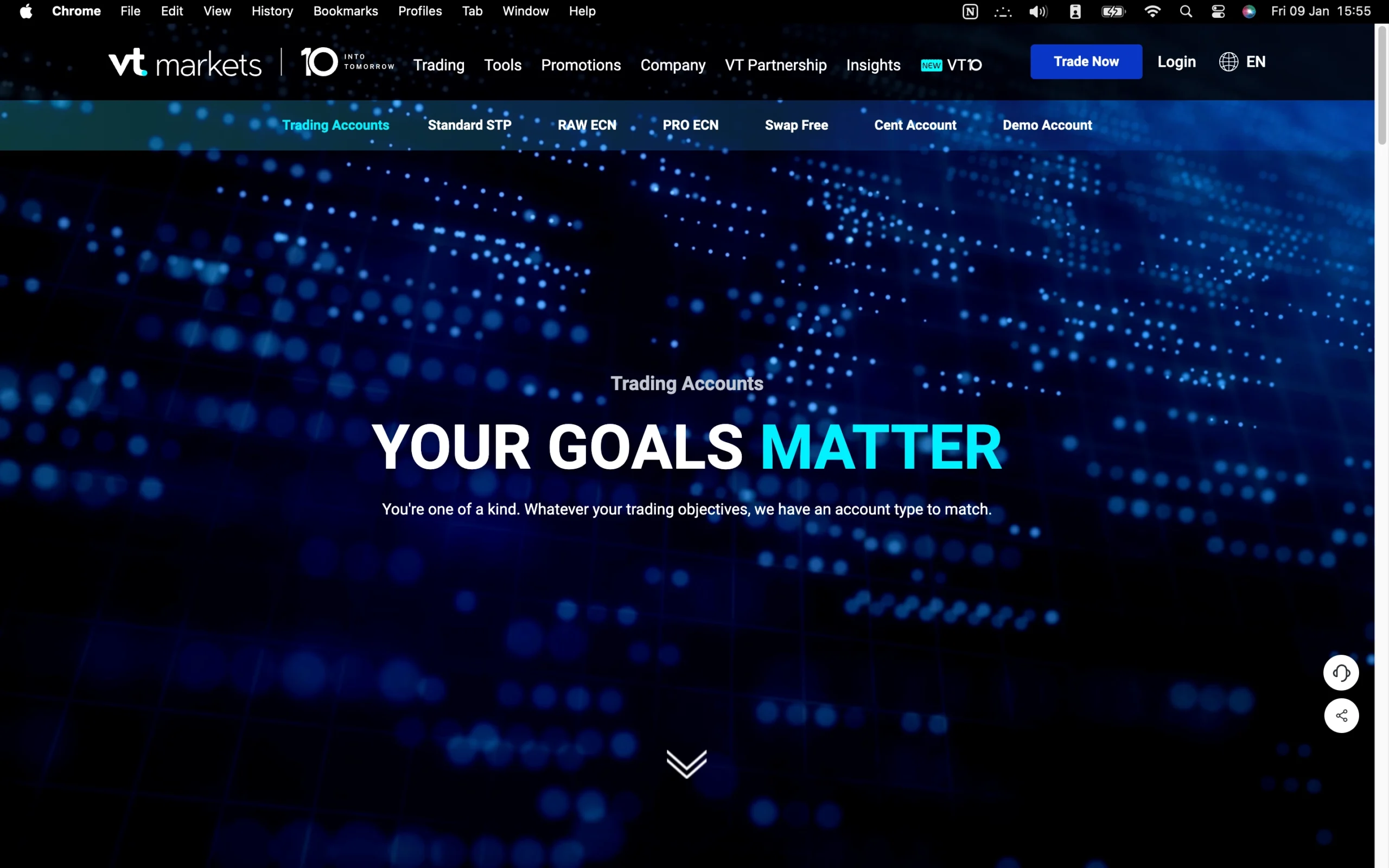VT Markets review image showing available account types including Standard STP, RAW ECN, PRO ECN, CENT and Swap Free accounts.