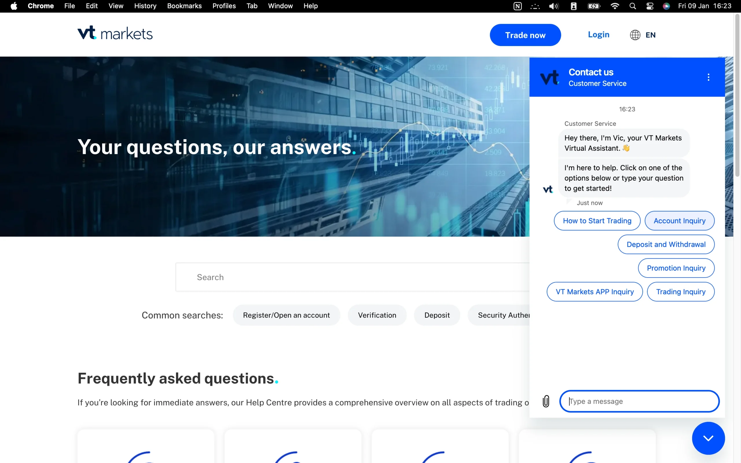 VT Markets review image showing customer support options including a contact form, live chat, phone number and help center.