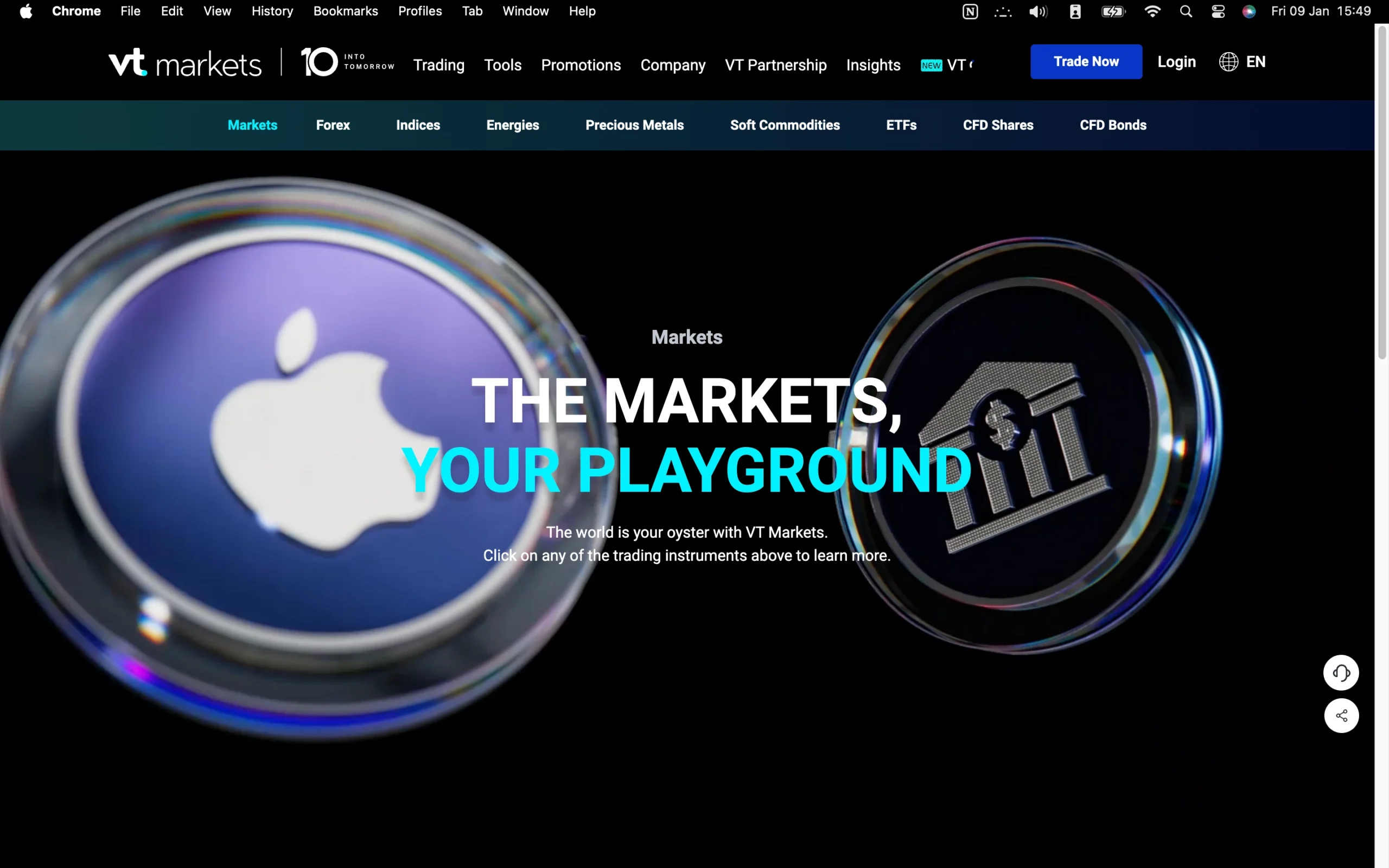VT Markets review image showing all tradable instruments VT Markets offers, including Commodities, Forex, Indices, and Shares.