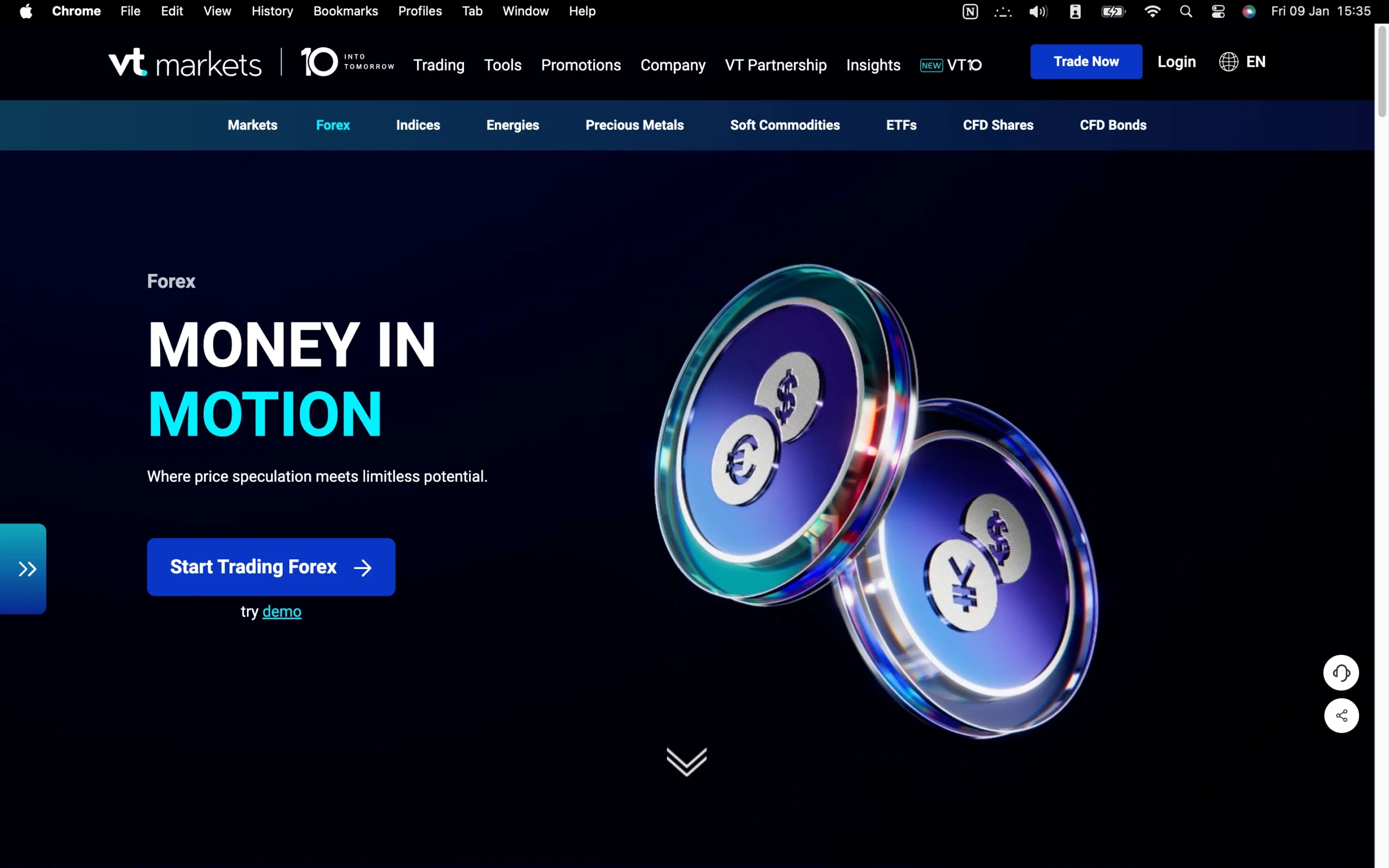 VT Markets review image showing the broker’s trading fees, including live spreads, commissions, and swap rates across Forex, commodities, indices, and share CFDs.