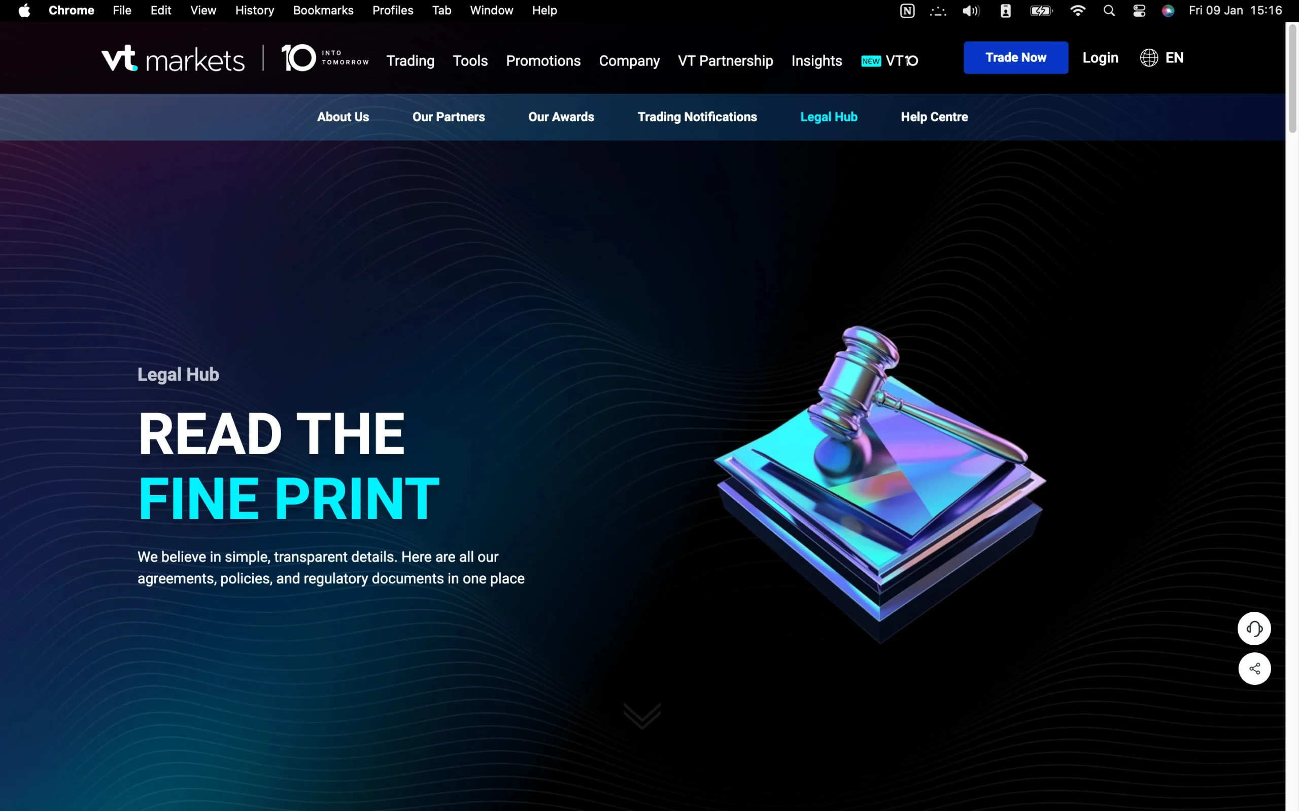 VT Markets regulation page showing office addresses, regulators, license numbers, and client money protection details for jurisdictions including FSCM, SCA and FSCA.