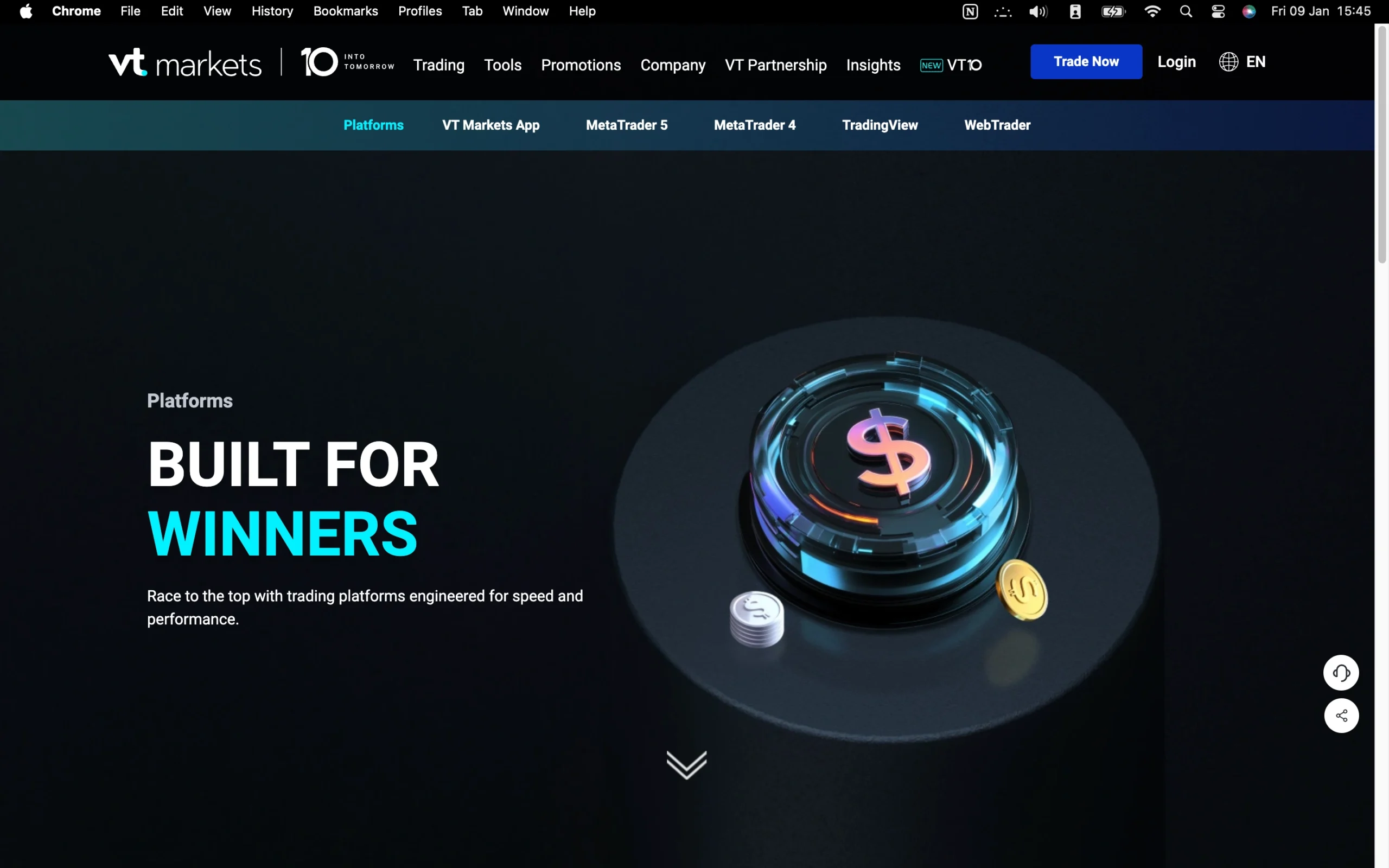 VT Markets review image showing the trading platforms available to clients, including MetaTrader 4, MetaTrader 5 and TradingView.