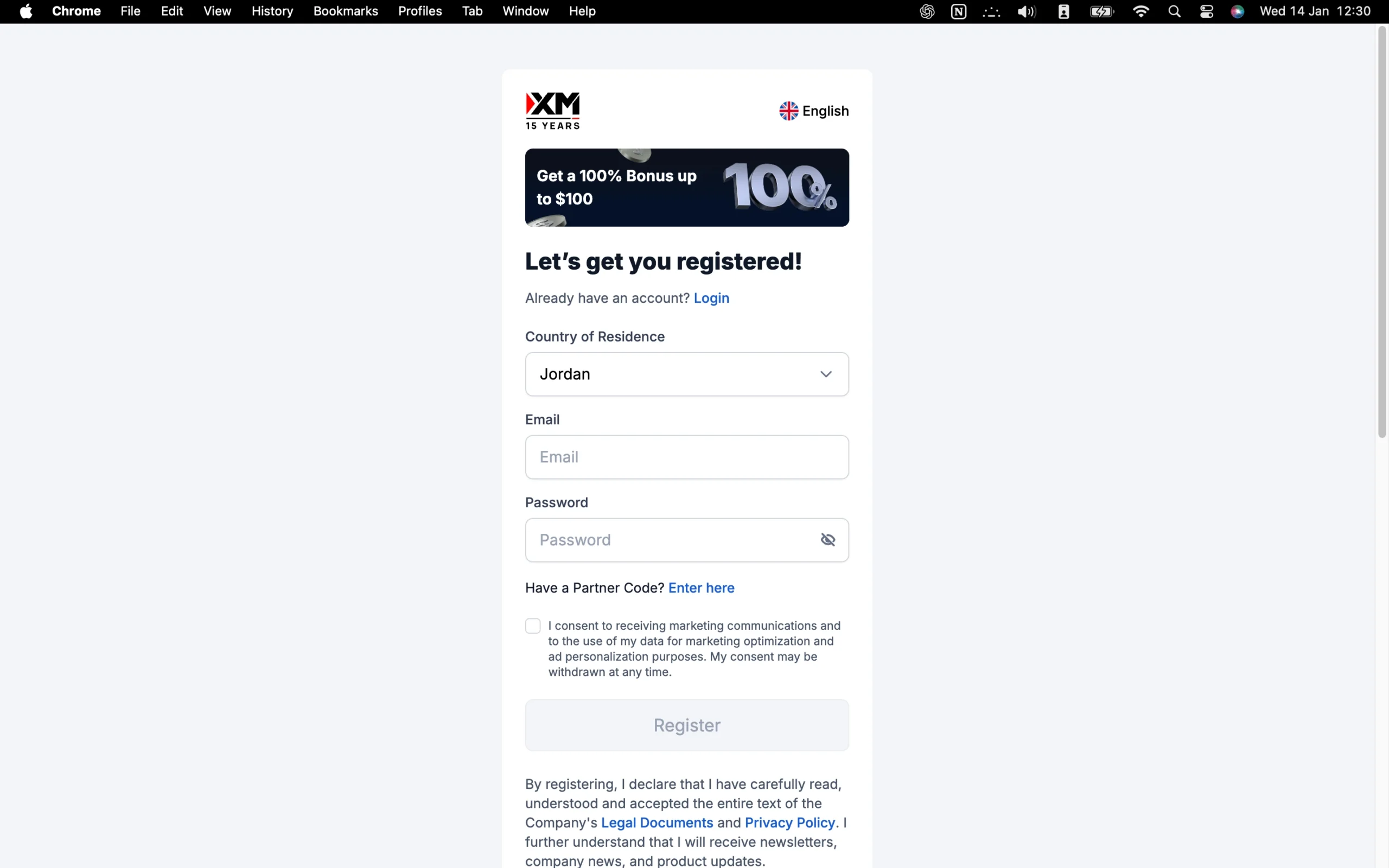 XM review image showing the account opening page where clients enter personal information to open a trading account.