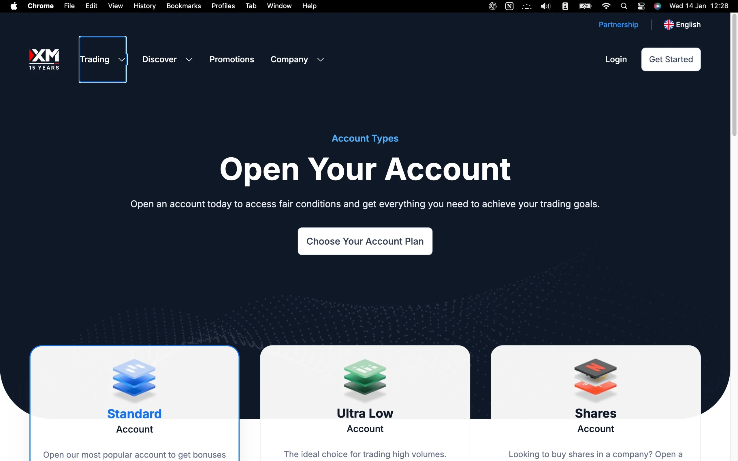 XM review image showing available account types including Standard, Ultra Low and Demo Accounts.