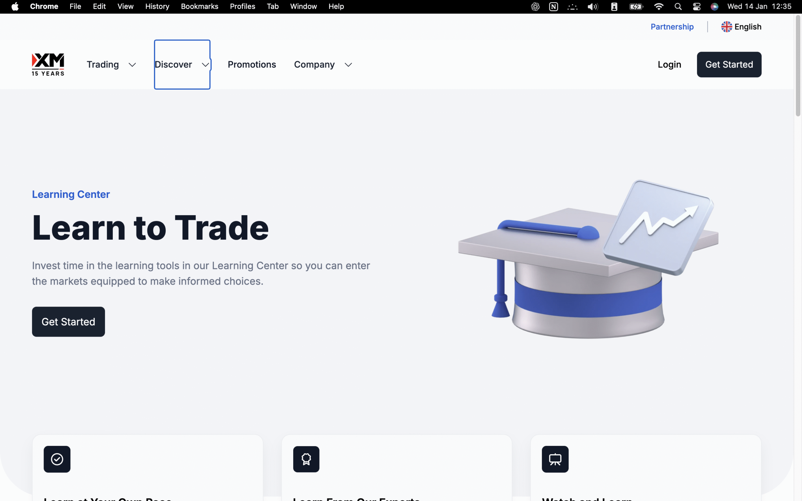 XM review image showing the education page with trading guides and educational material for clients.