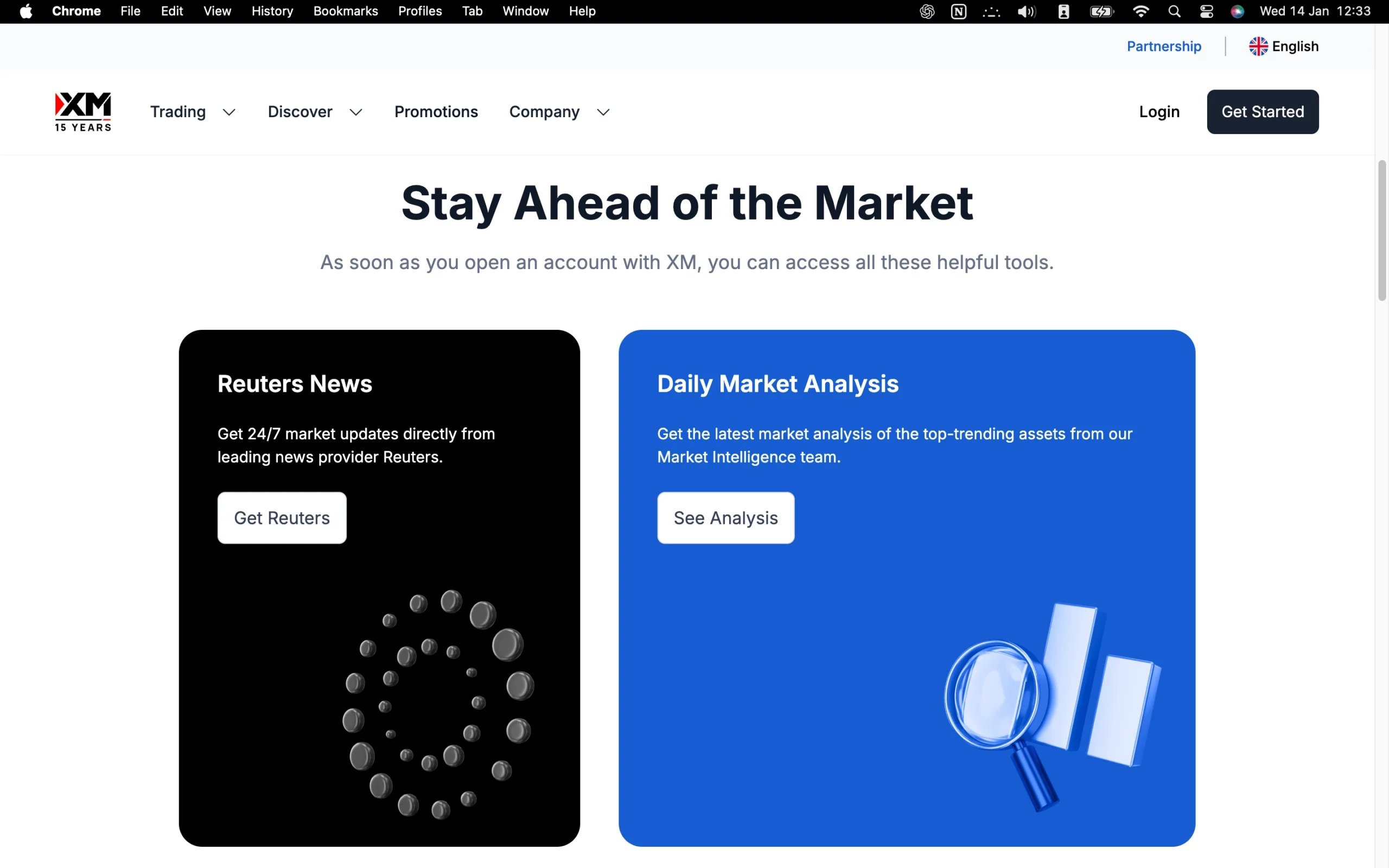 XM review image showing the market analysis page with news and forecasts from trading professionals.