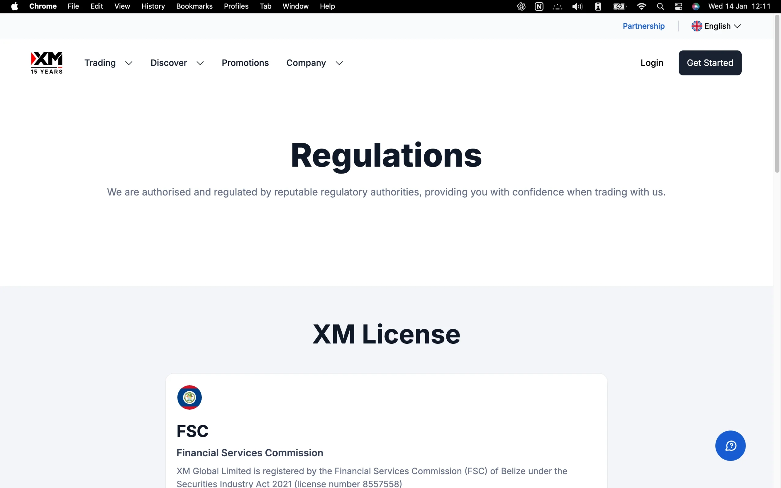 XM regulation page showing office addresses, regulators, license numbers, and client money protection details for jurisdictions including FSC, FSC and FSA.