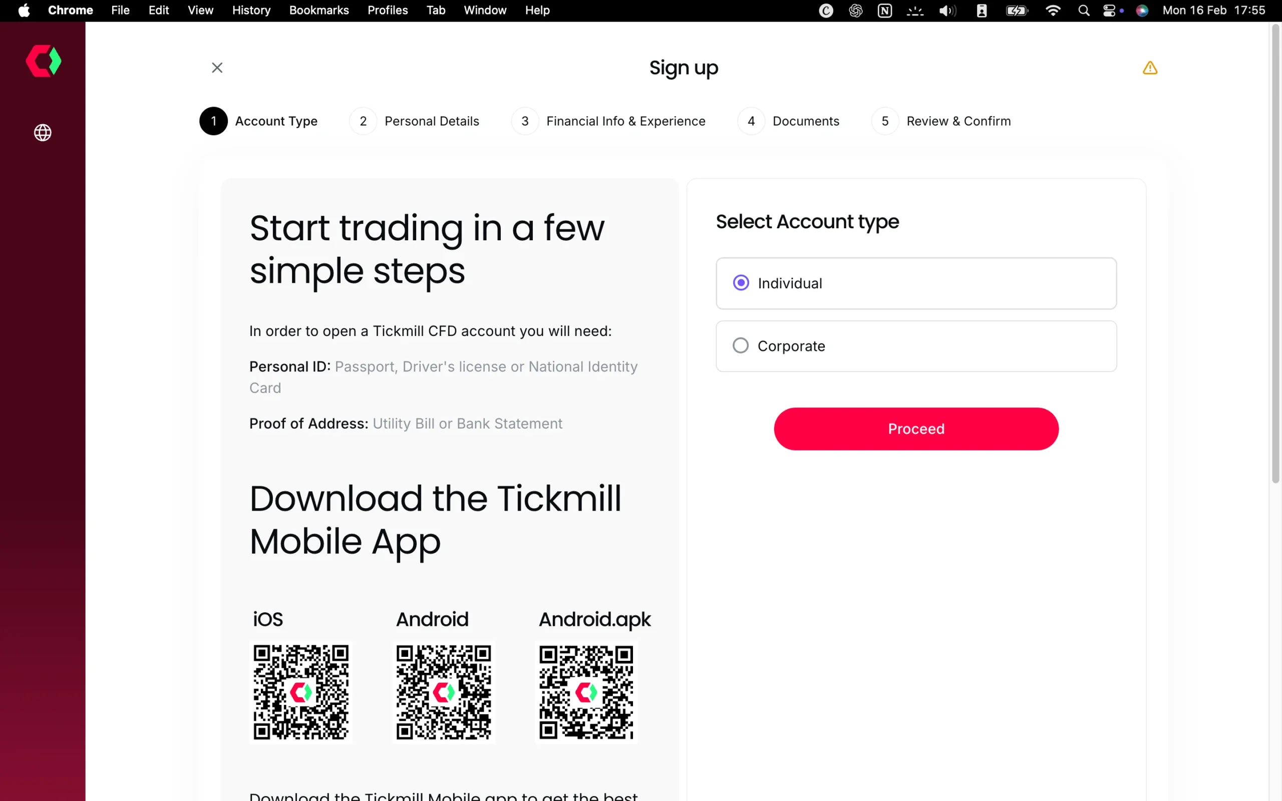 Tickmill review image showing the account opening page where clients enter personal information to open a trading account.