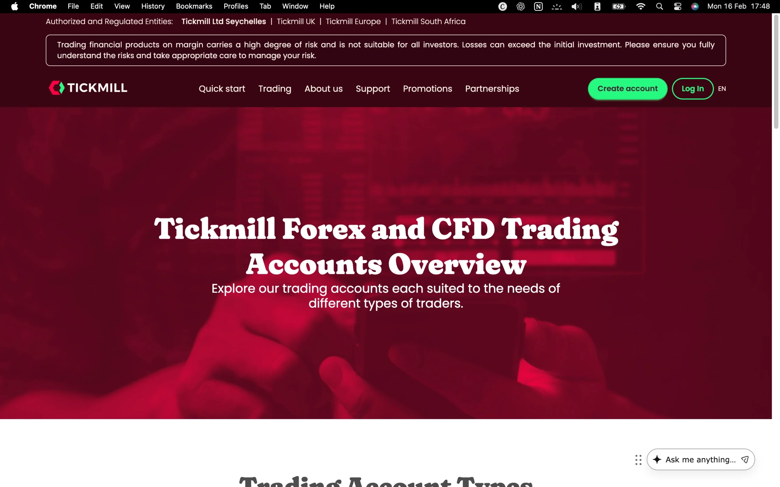 Tickmill review image showing available account types including Classic, Raw and Demo account types.