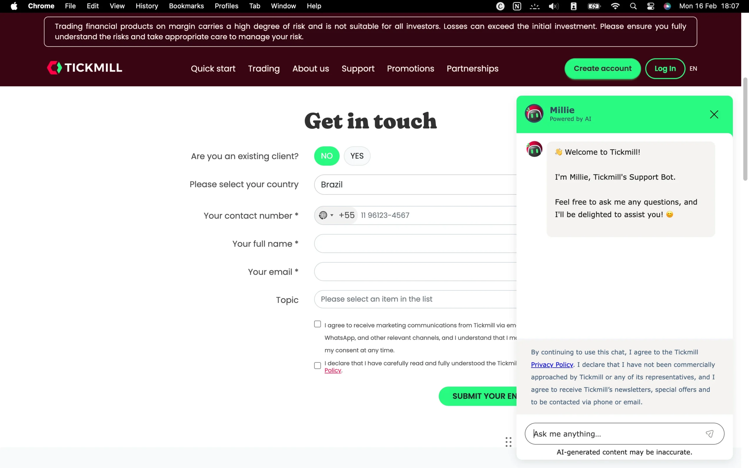 Tickmill review image showing customer support options including a contact form, live chat, phone numbers and help center.