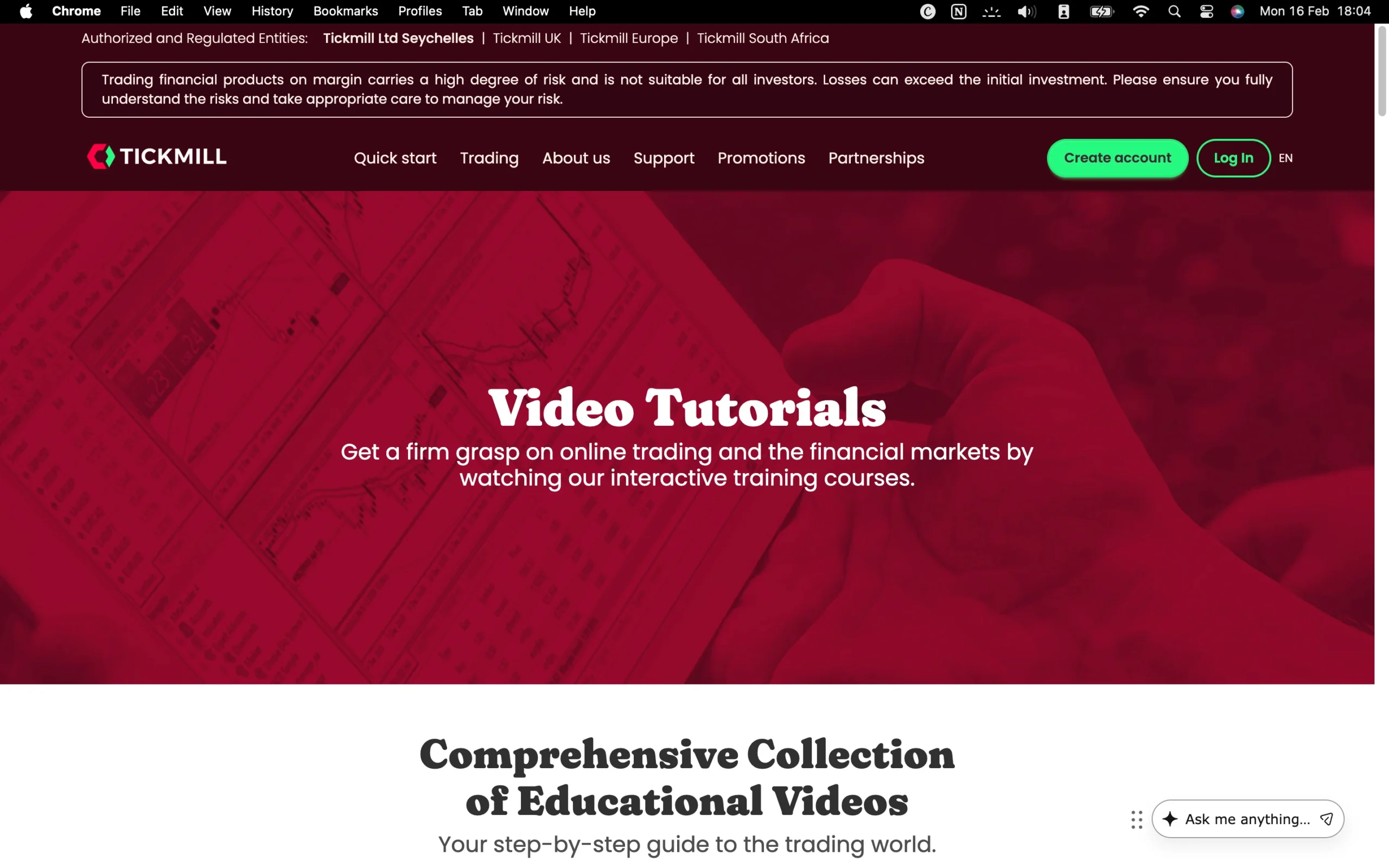 Tickmill review image showing the education page with trading guides and educational material for clients.