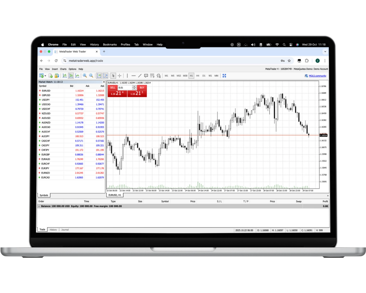 Tickmill review image showing MT4 WebTrader trading platform interface for online trading.