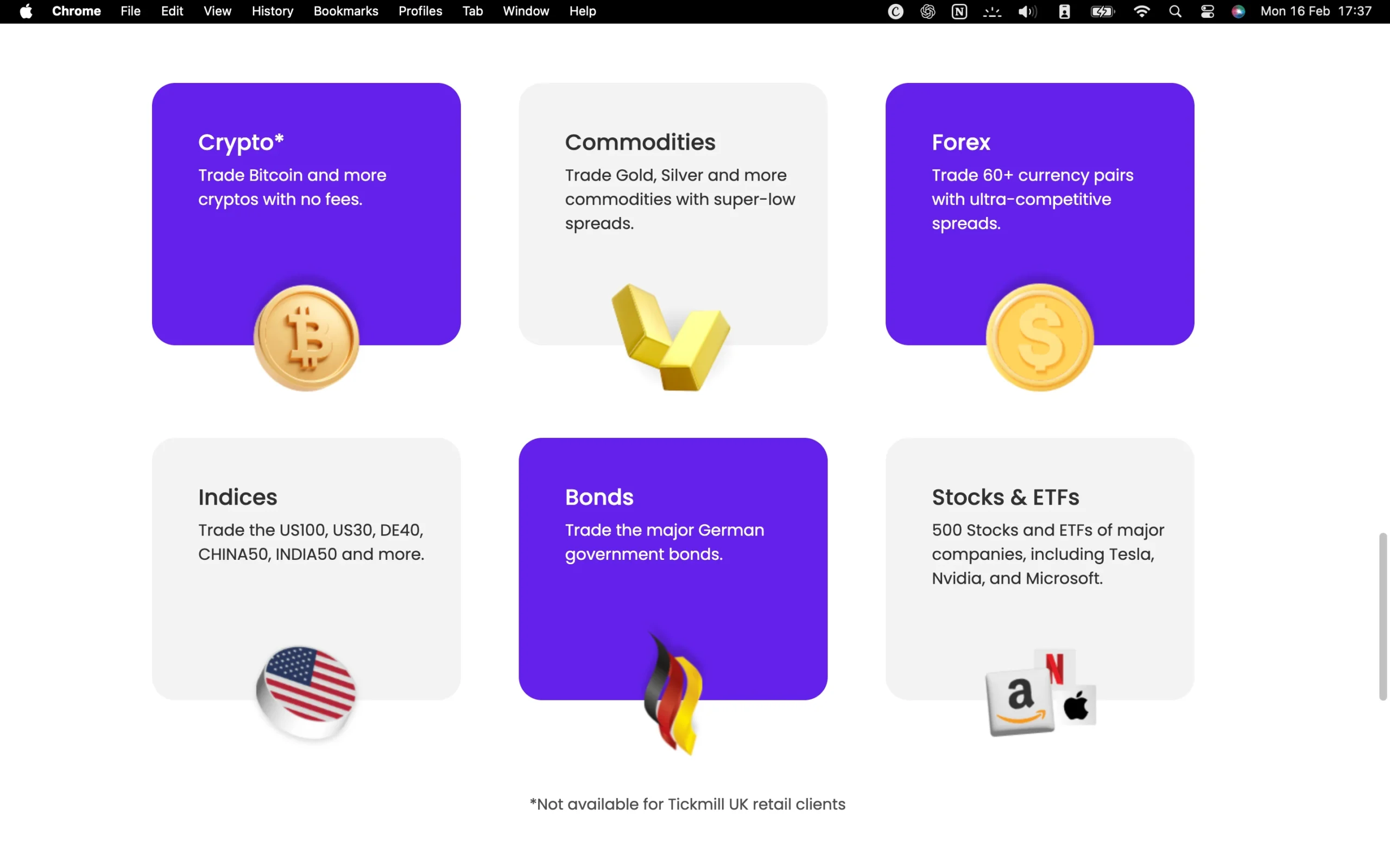 Tickmill review image showing all tradable instruments Tickmill offers, including Crypto, Commodities, Forex, Indices, Bonds, Stocks and ETFs.