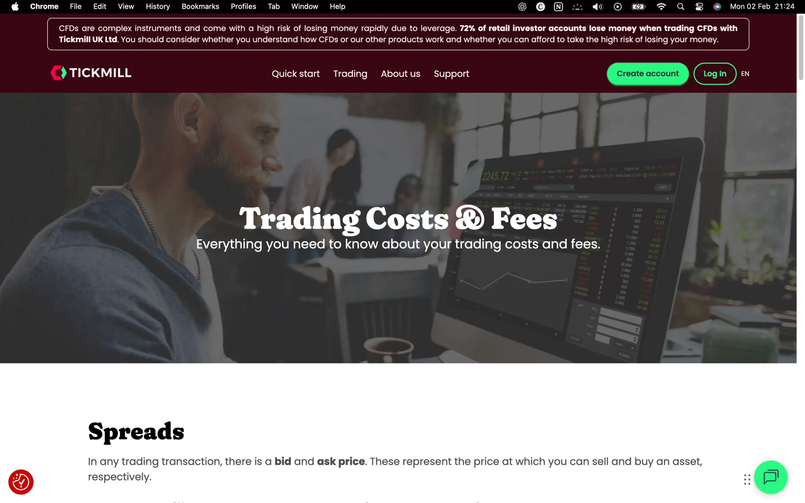 Tickmill review image showing the broker’s trading fees, including live spreads, commissions, and swap rates across Forex, Metals, Indices, Commodities and Cryptos.