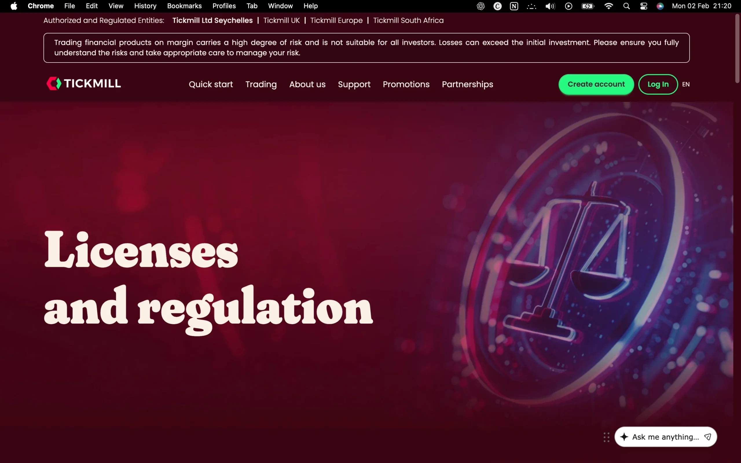 Tickmill regulation page showing office addresses, regulators, license numbers, and client money protection details for jurisdictions including FSA, FCA, DFSA, FSCA and CySEC.