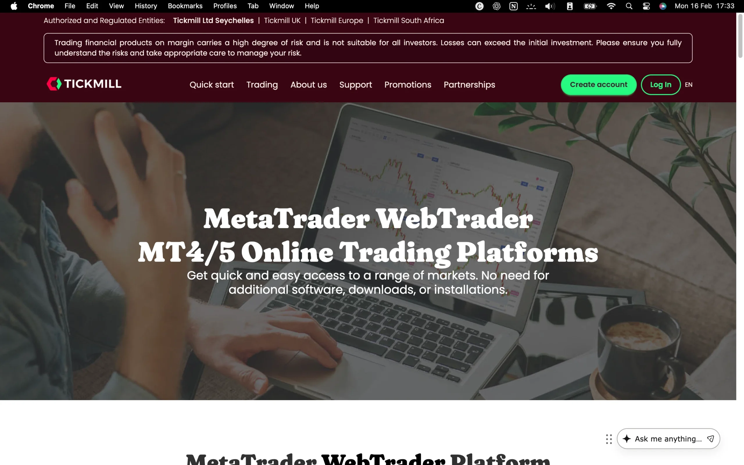 Tickmill review image showing the trading platforms available to clients, including MetaTrader WebTrader, Mt4 and Mt5.