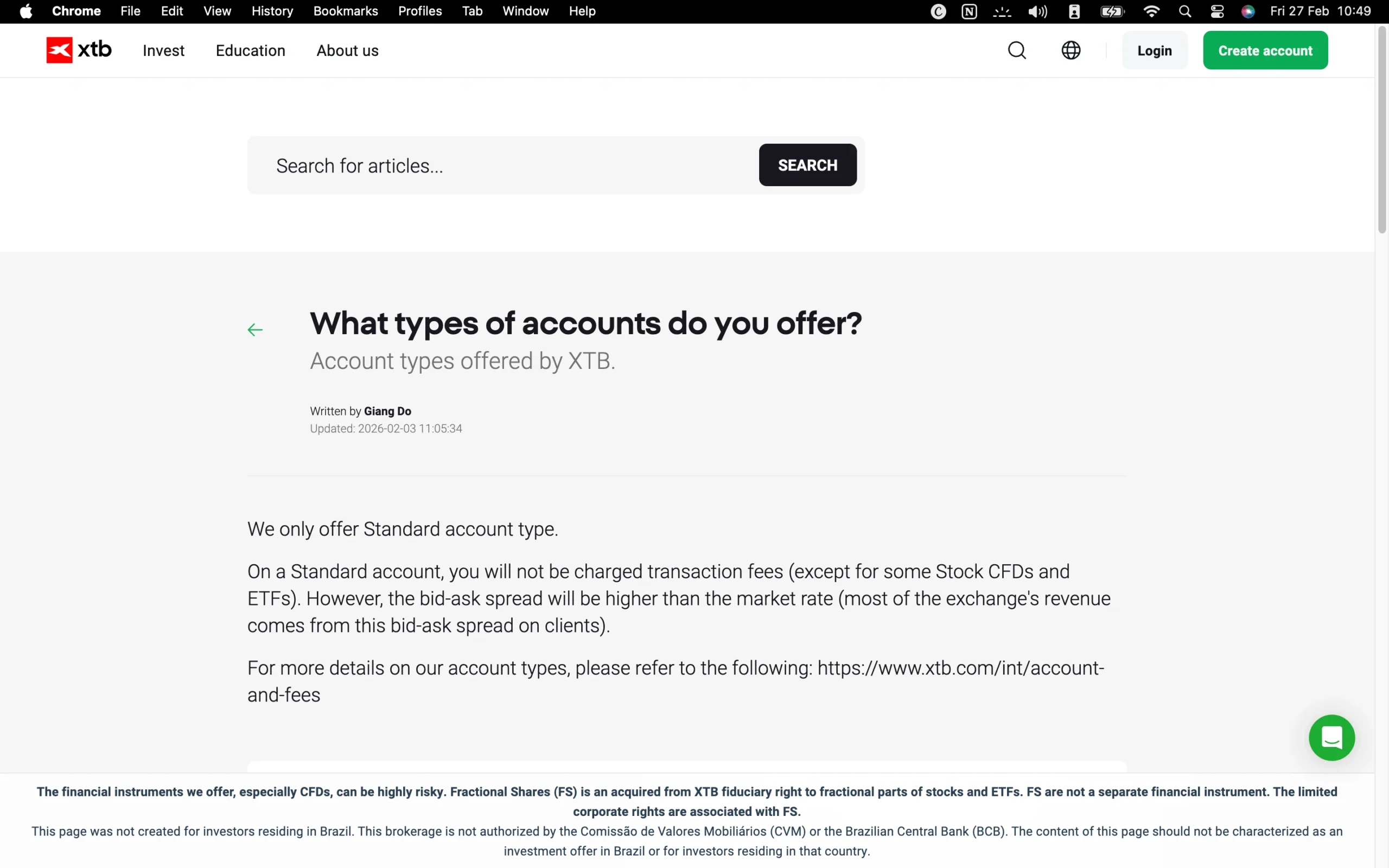 XTB review image showing available account types including the Standard account.