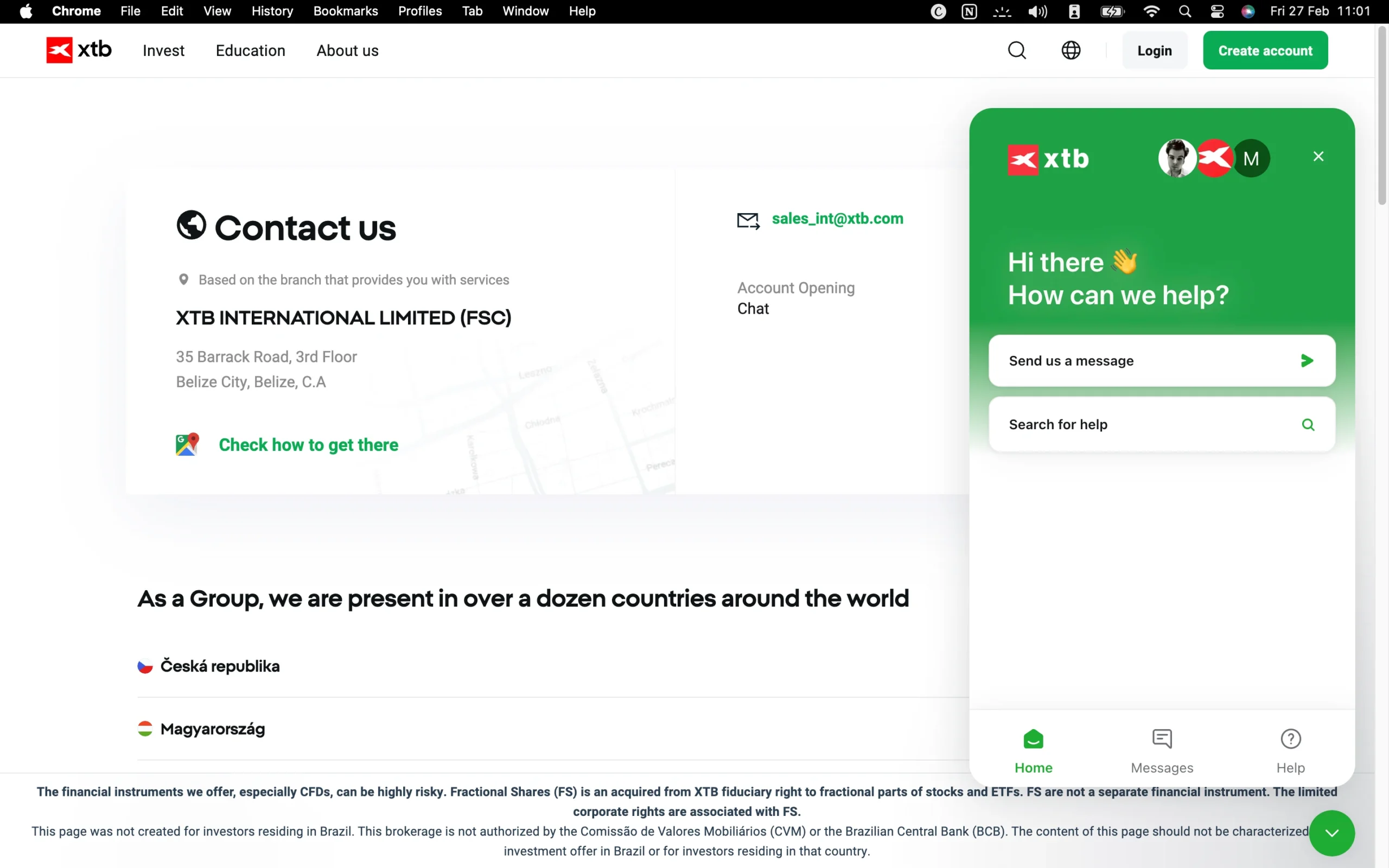 XTB review image showing customer support options including a contact form, live chat, phone numbers and help center.