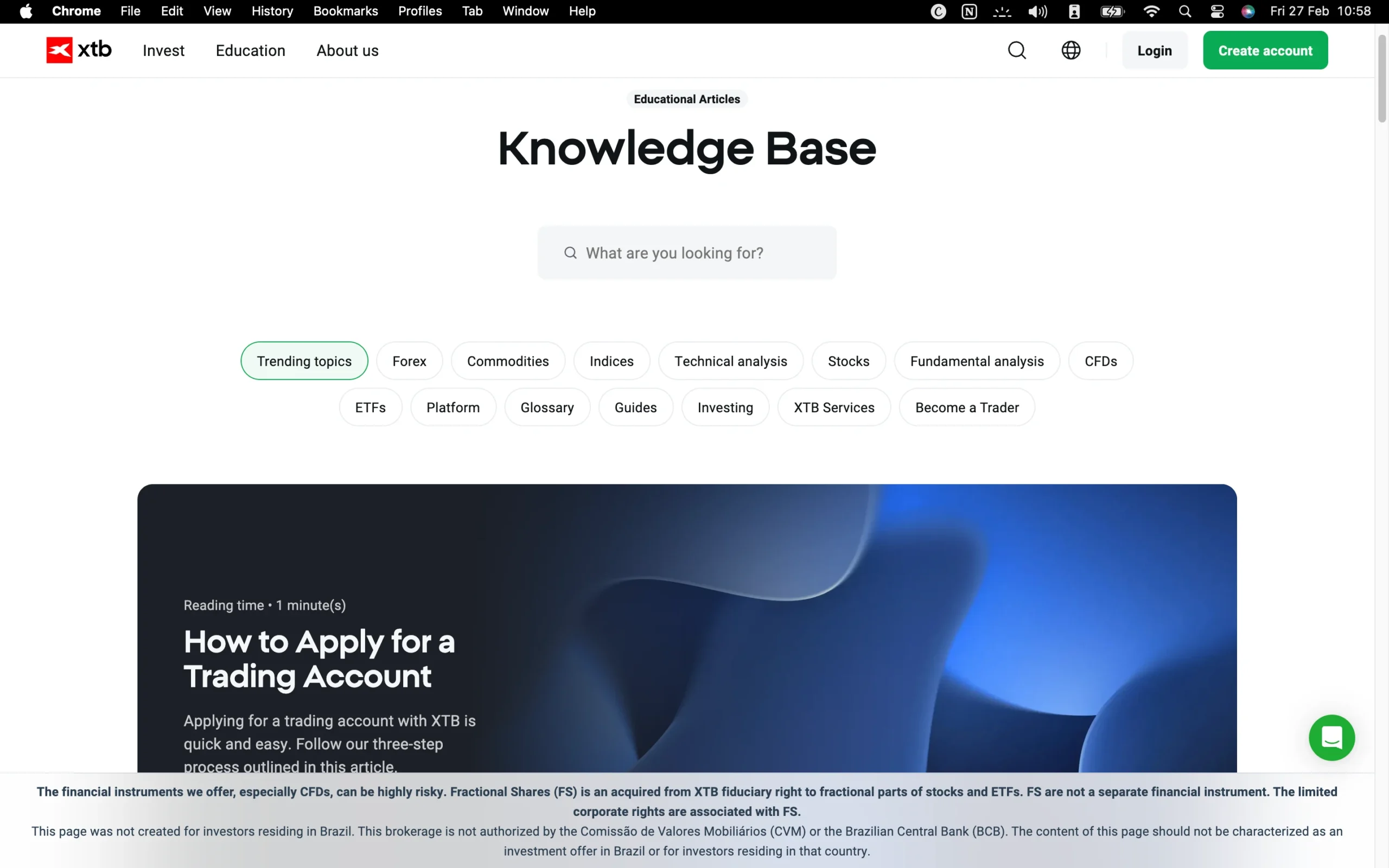 XTB review image showing the education page with trading guides and educational material for clients.