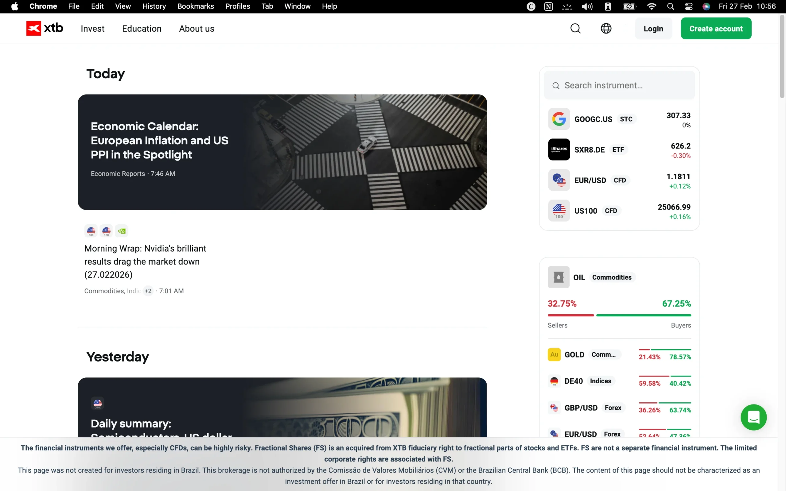 XTB review image showing the market analysis page with news, forecasts and tools from trading professionals.