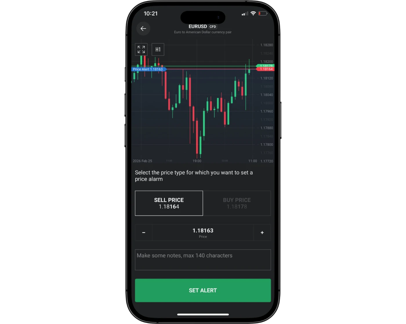 XTB Review image showing the XTB mobile app notification and price alerts page, and notification settings.