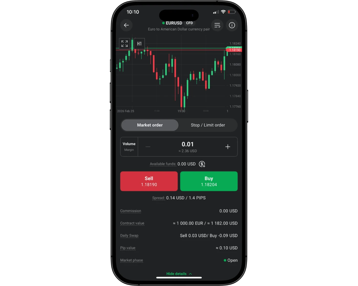 XTB Review image showing the XTB mobile app orders page, including instrument selection, lot size, stop loss, take profit, and buy/sell options.