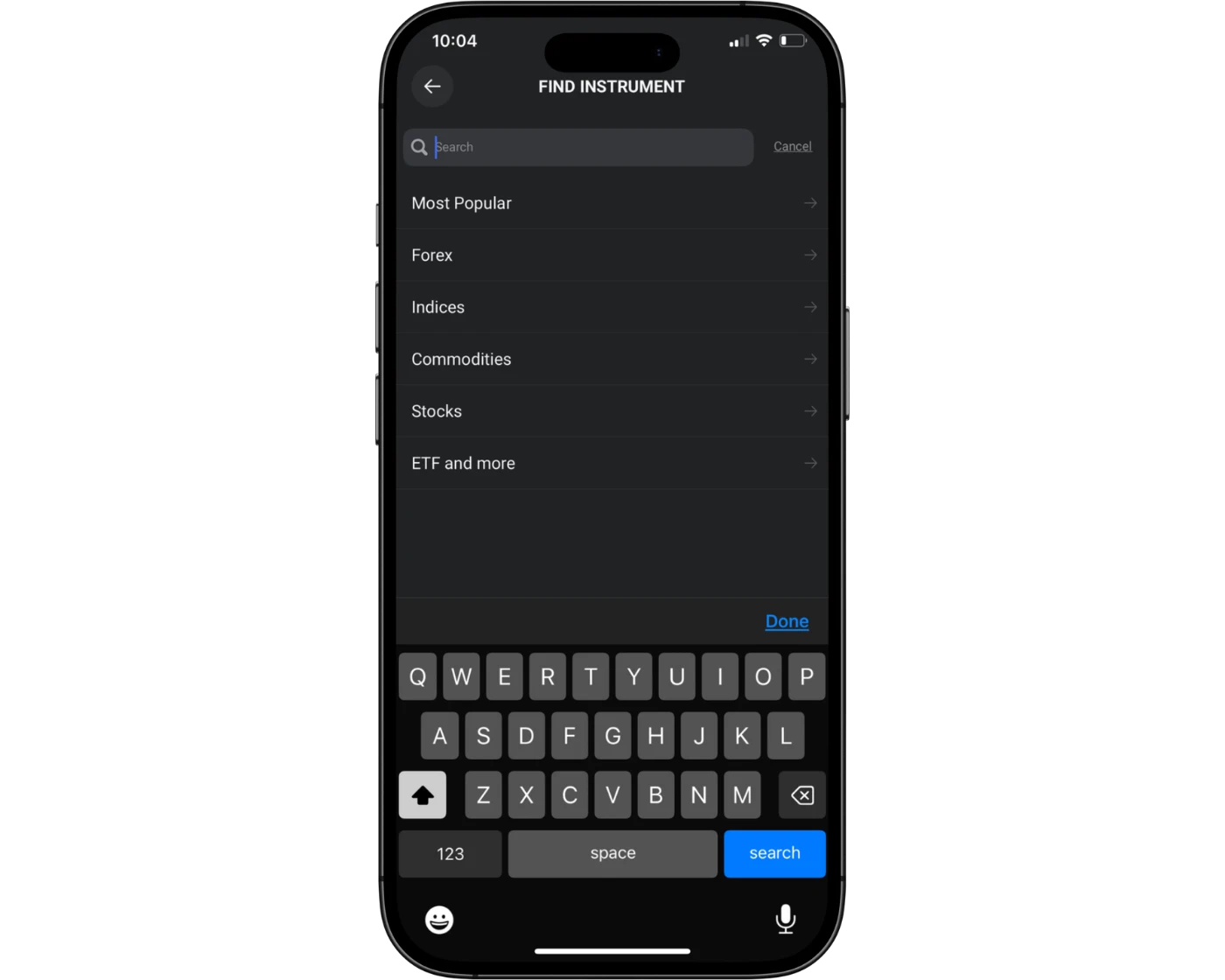 XTB review image showing the XTB mobile app search functions with a search bar to find trading instruments.