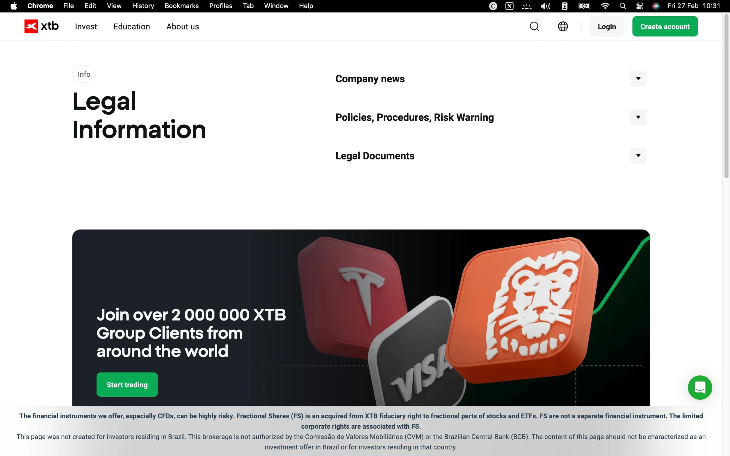 XTB regulation page showing office addresses, regulators, license numbers, and client money protection details for jurisdictions including BaFin, FCA, FSC, CySEC, CNMV and KNF.