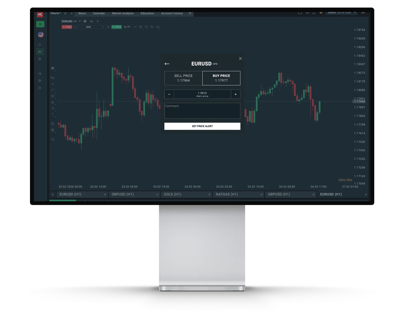 XTB review image showing how to place price alerts on the xStation 5 trading platform.