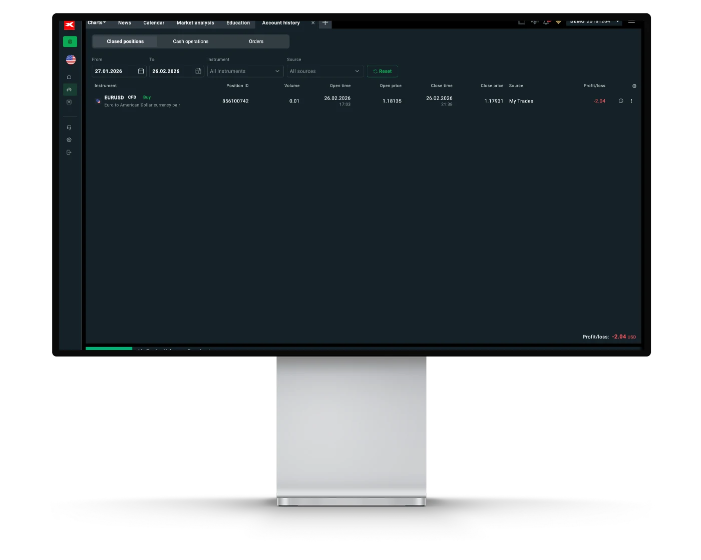 XTB review image showing the trade history on the xStation 5 trading platform.