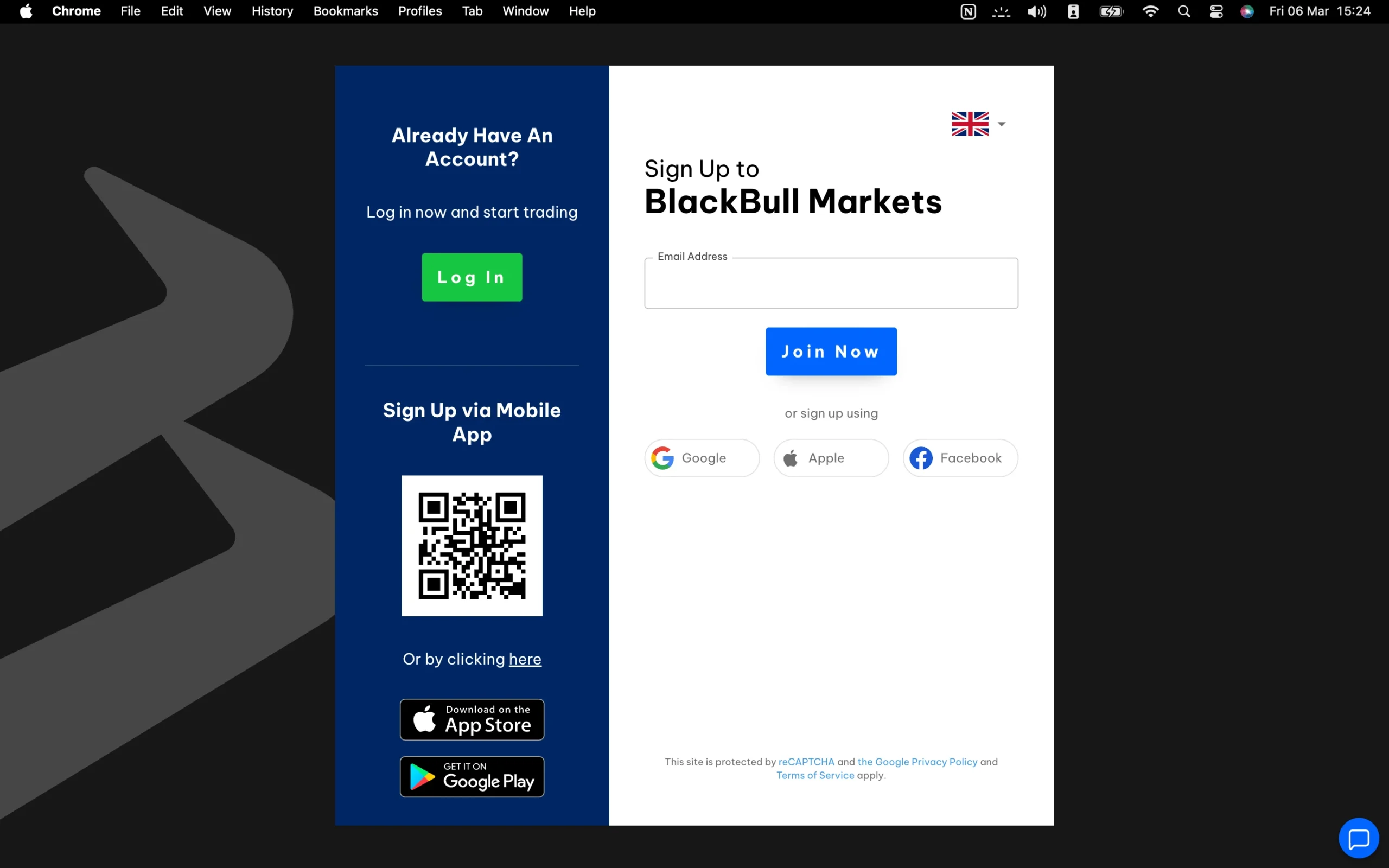 BlackBull Markets review image showing the account opening page where clients enter personal information to open a trading account.