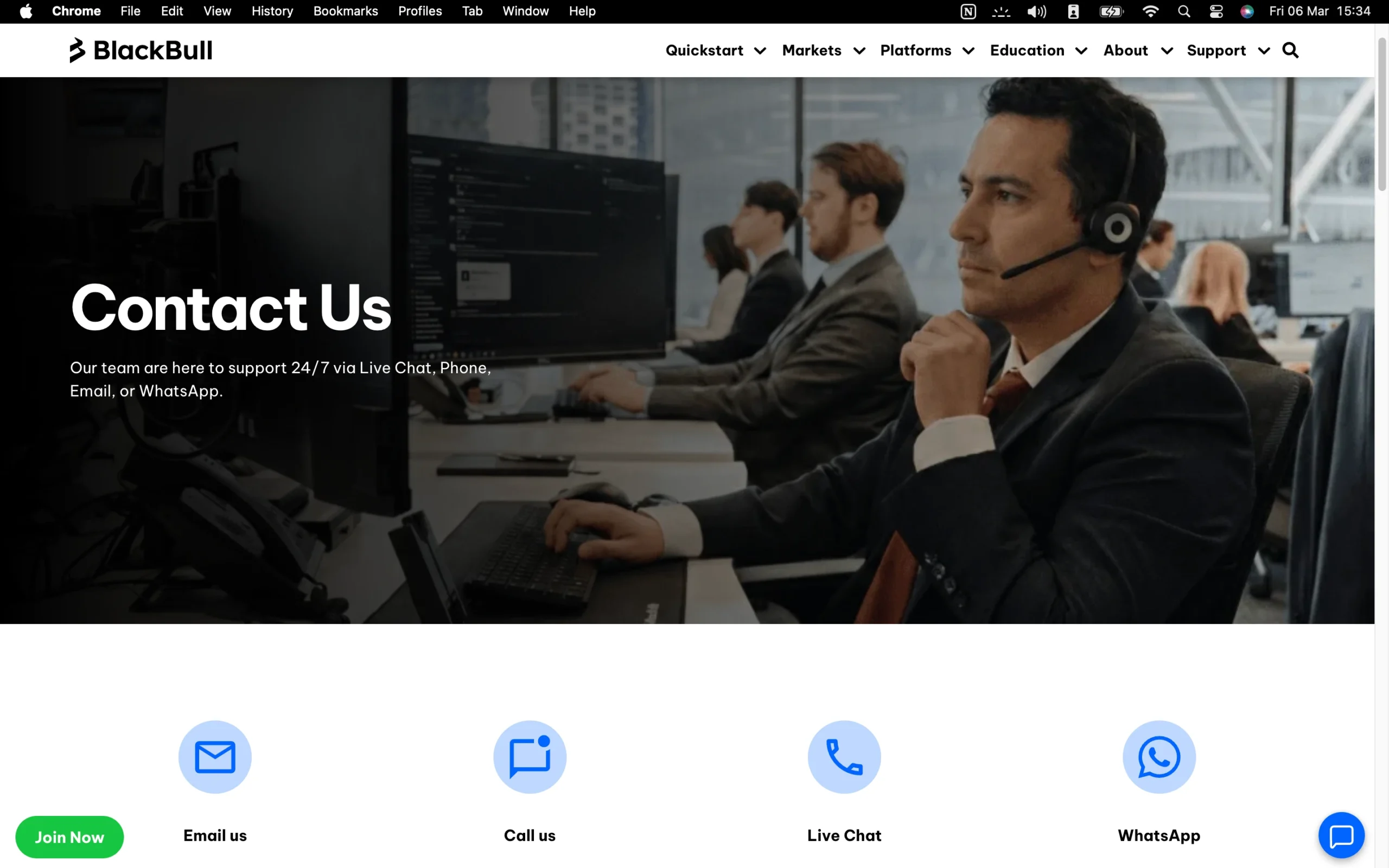 BlackBull Markets review image showing customer support options including a contact form, live chat, phone numbers, WhatsApp and help center.