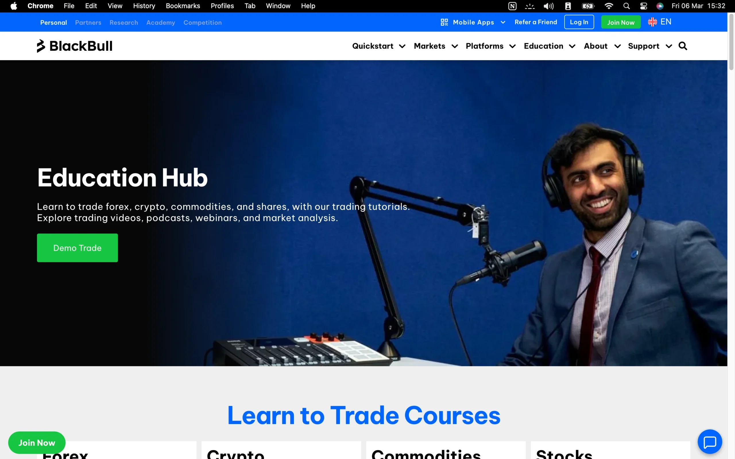 BlackBull Markets review image showing the education page with trading guides and educational material for clients.