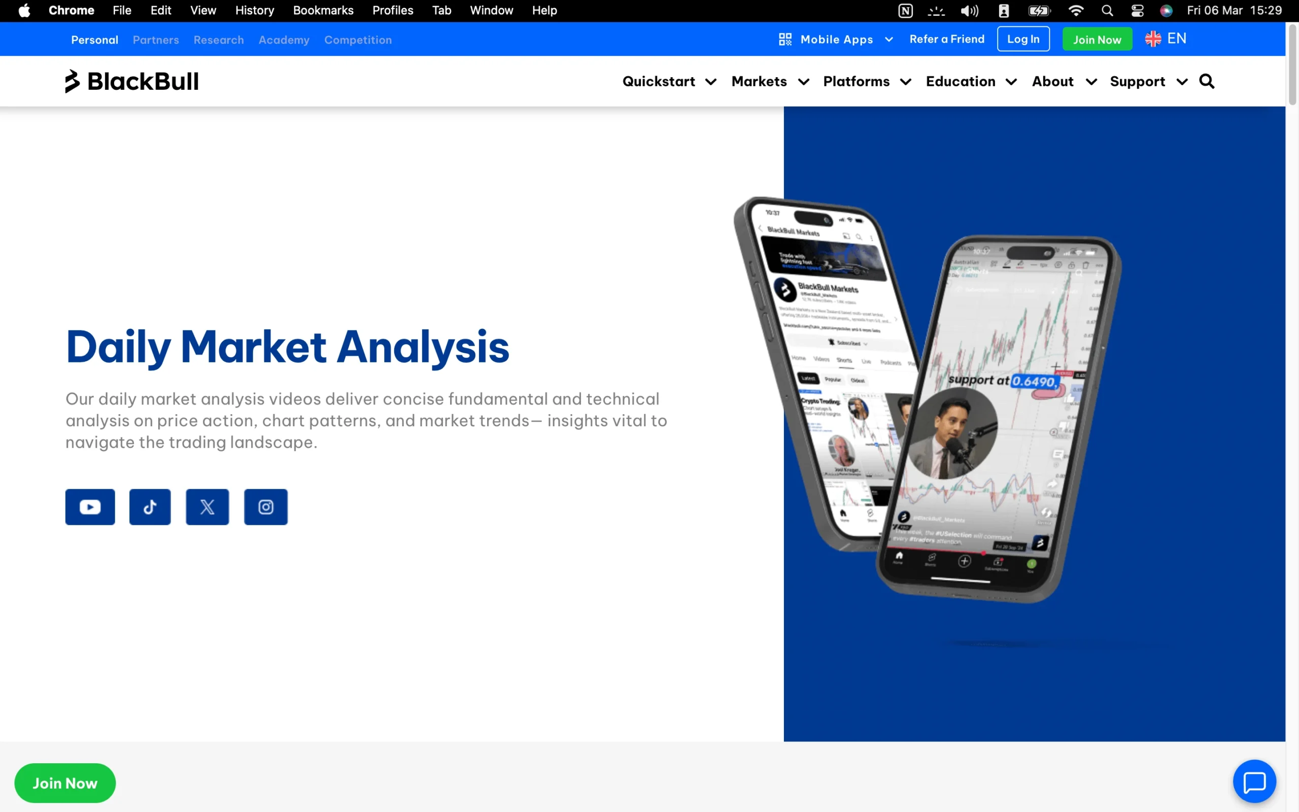 BlackBull Markets review image showing the market analysis page with news, forecasts and tools from trading professionals.